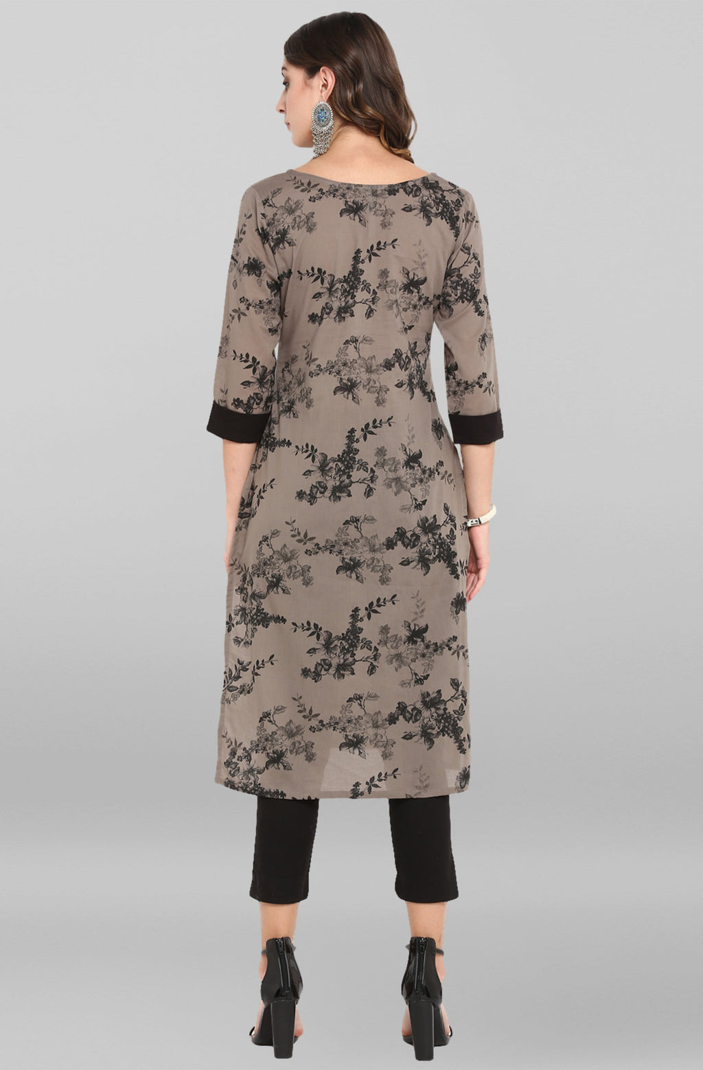 Janasya Women's Grey Cotton Floral Printed Casual Straight kurta