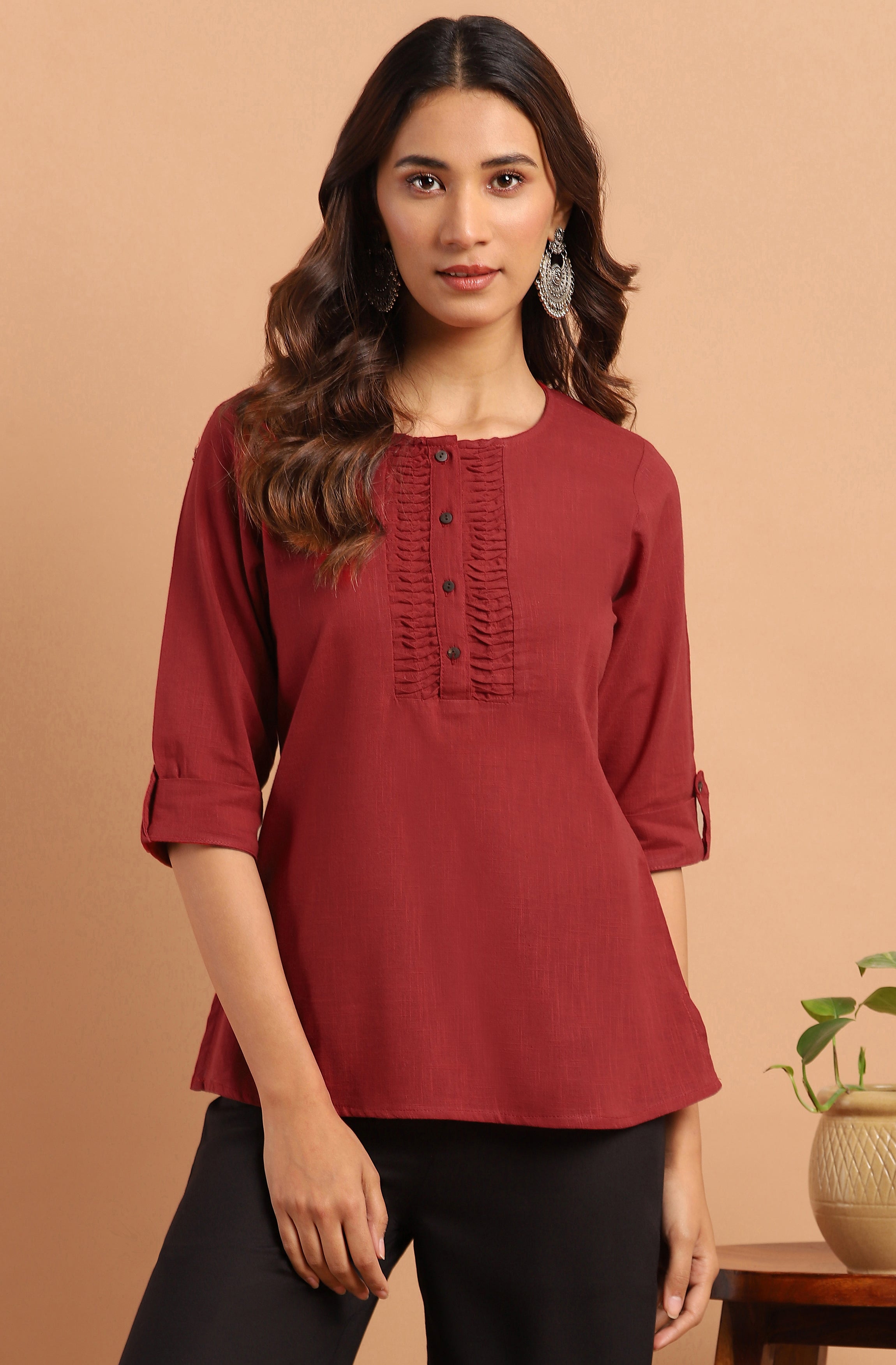 Janasya Women's Maroon Cotton Slub Solid Regular Top