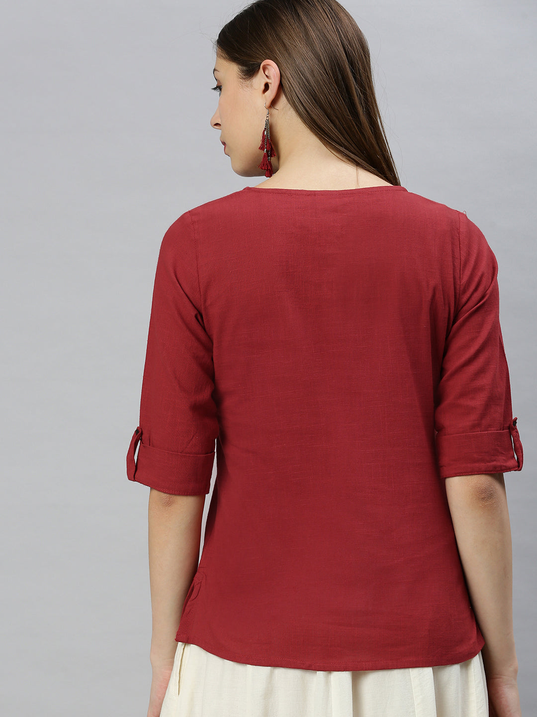 Janasya Women's Maroon Cotton Slub Solid Regular Top