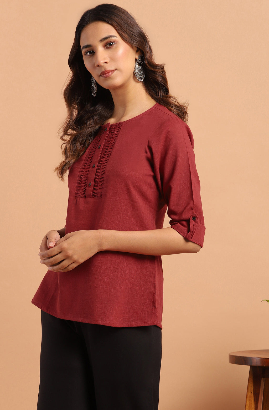 Janasya Women's Maroon Cotton Slub Solid Regular Top