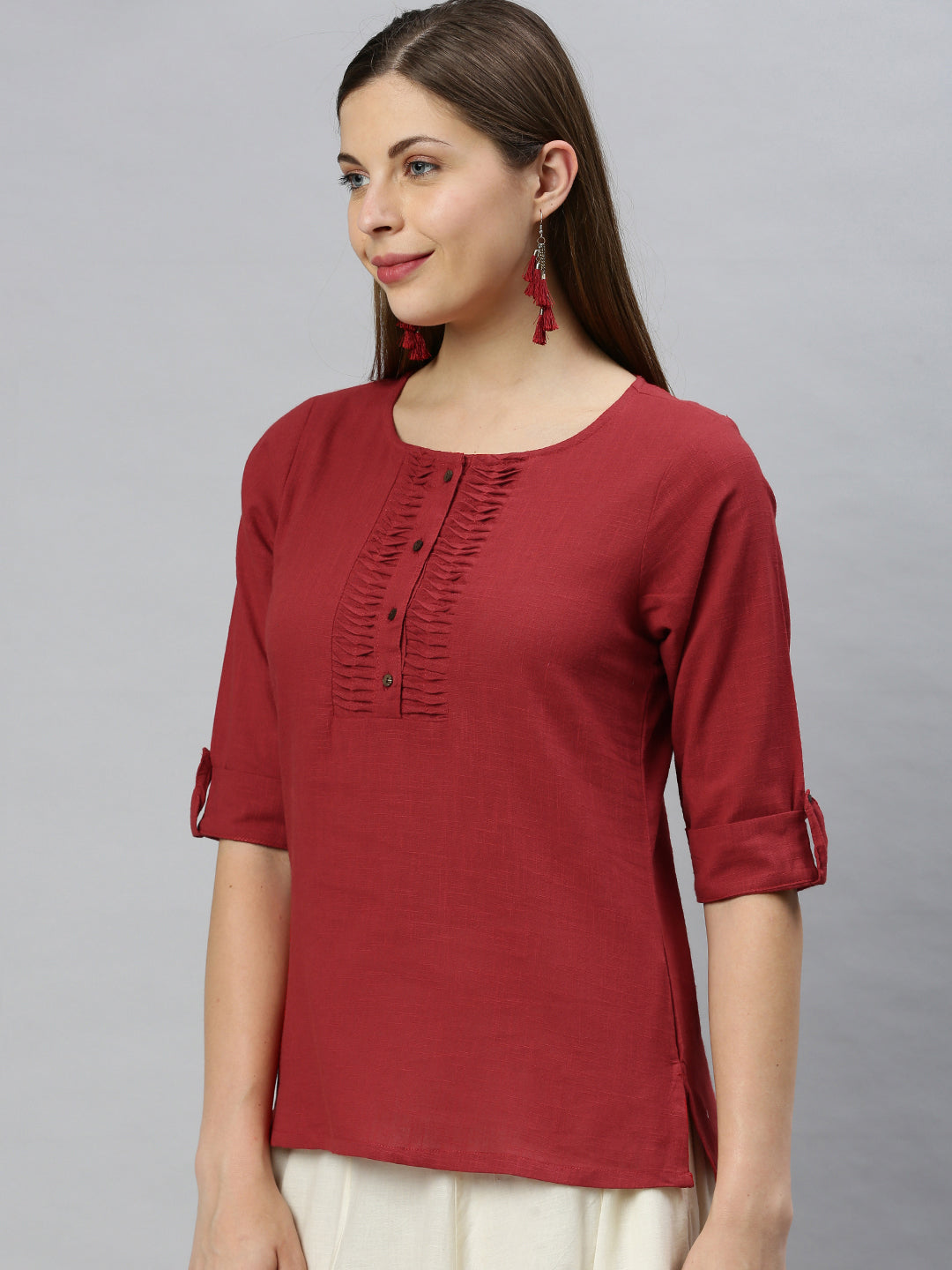 Janasya Women's Maroon Cotton Slub Solid Regular Top
