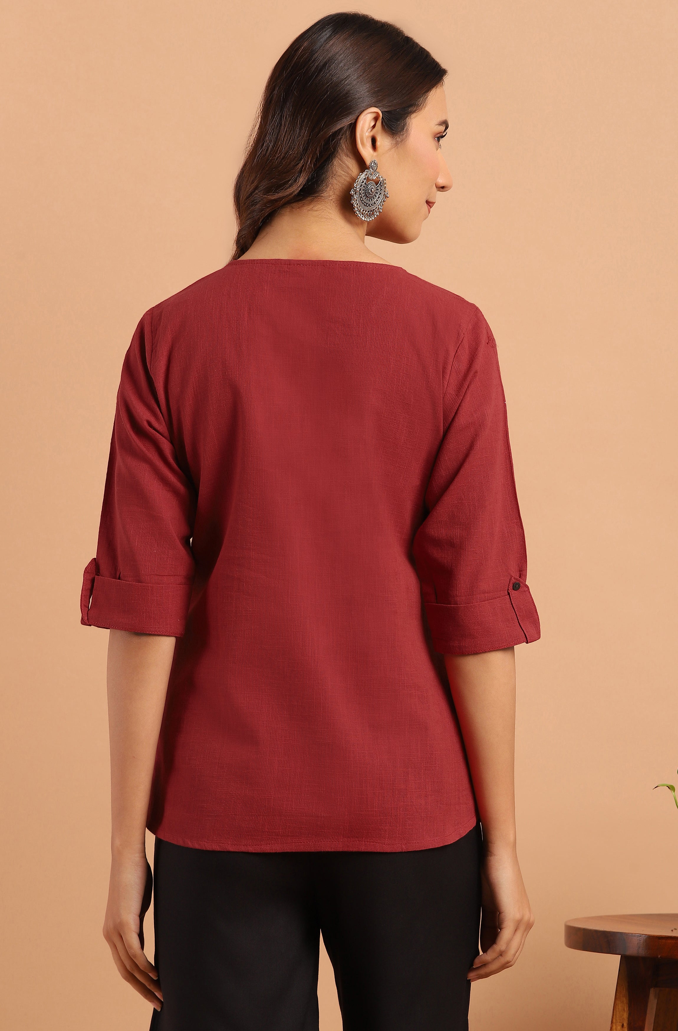 Janasya Women's Maroon Cotton Slub Solid Regular Top