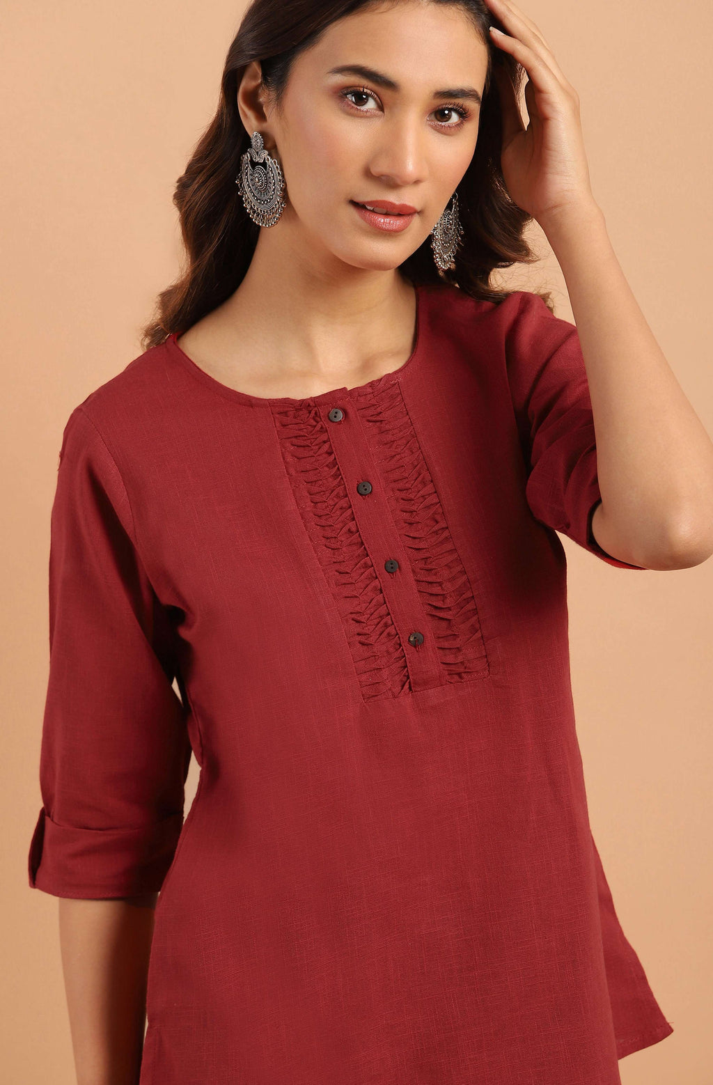 Janasya Women's Maroon Cotton Slub Solid Regular Top