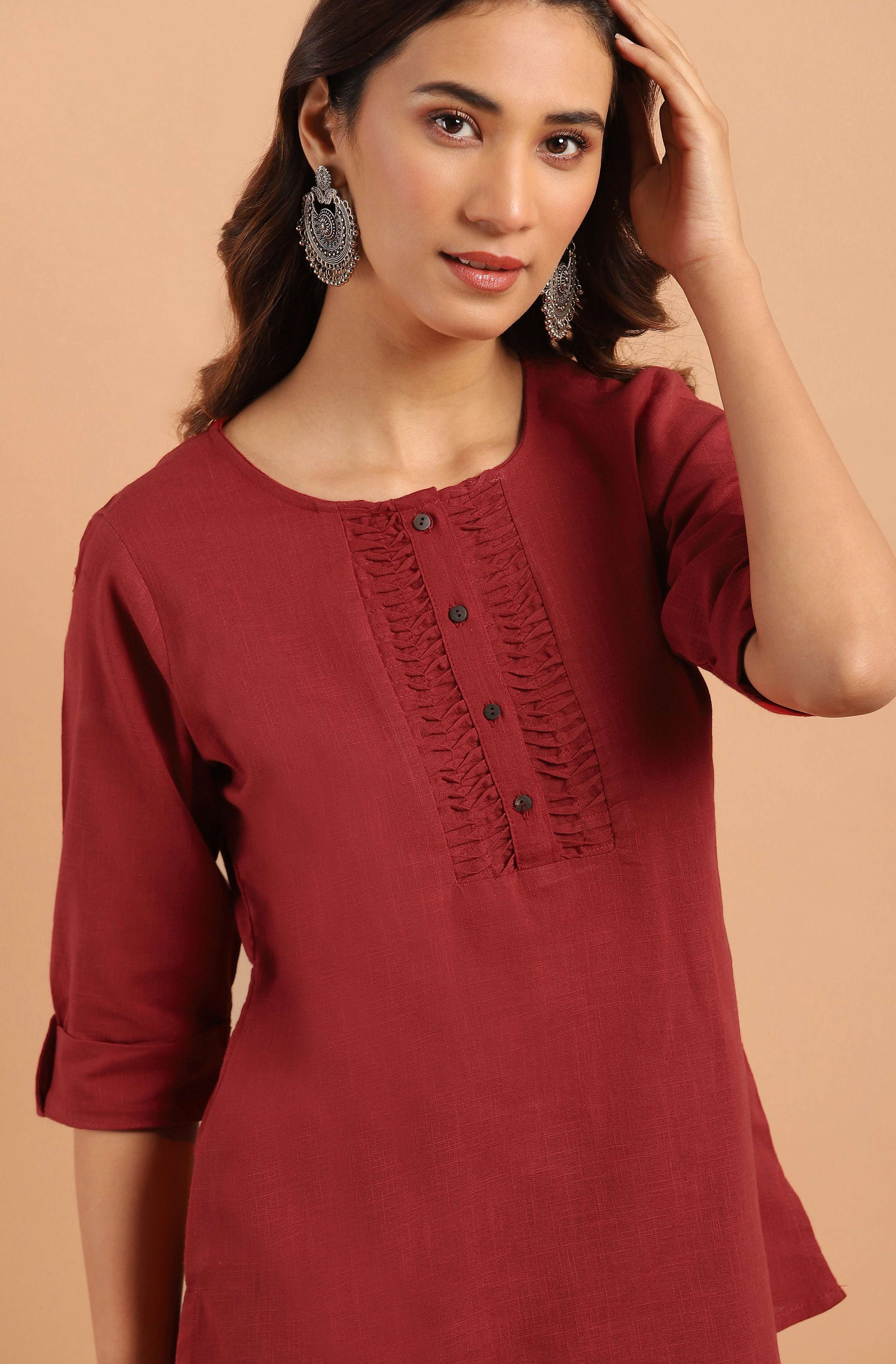 Janasya Women's Maroon Cotton Slub Solid Regular Top