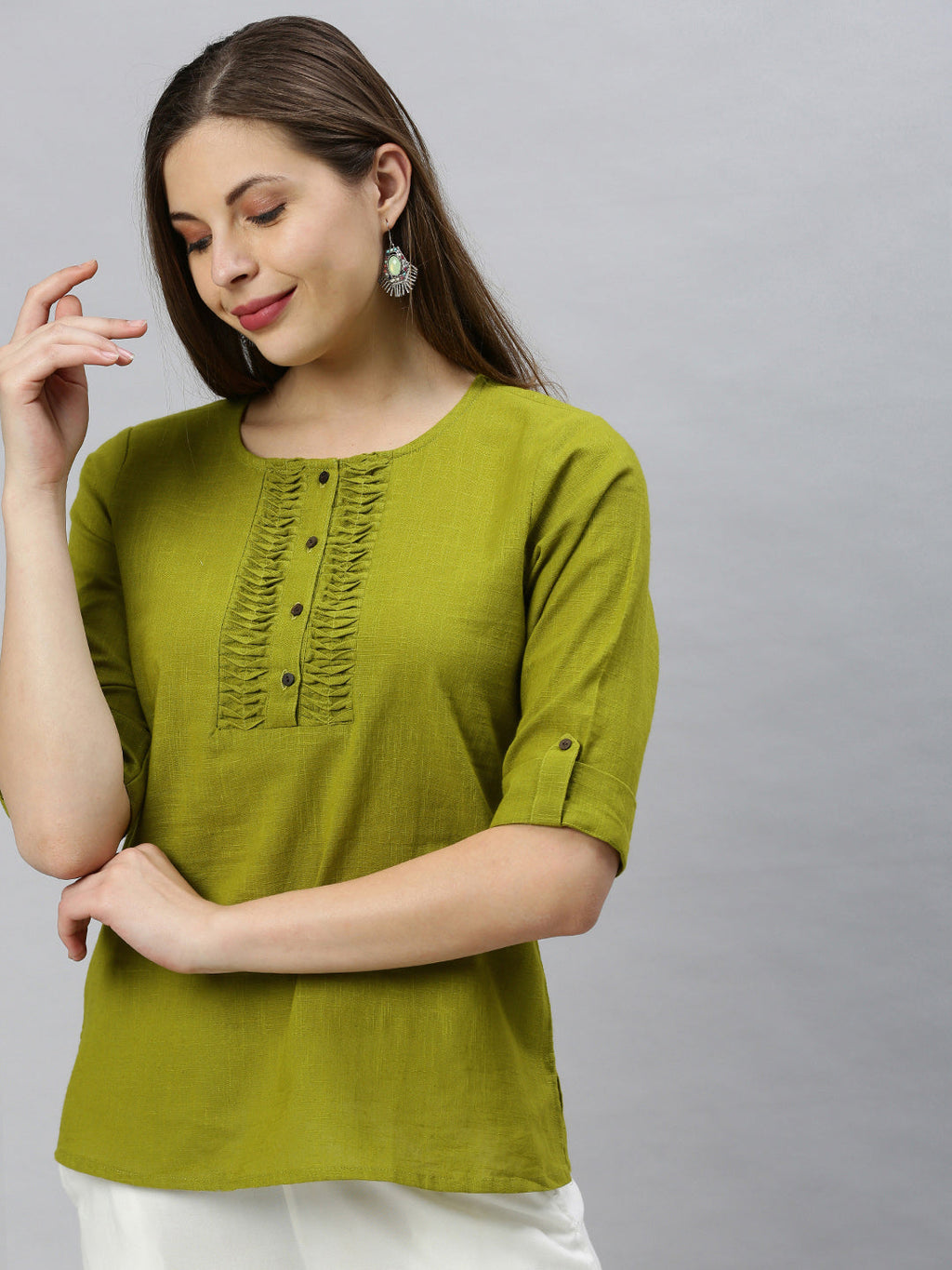 Janasya Women's Green Cotton Slub Solid Regular Top