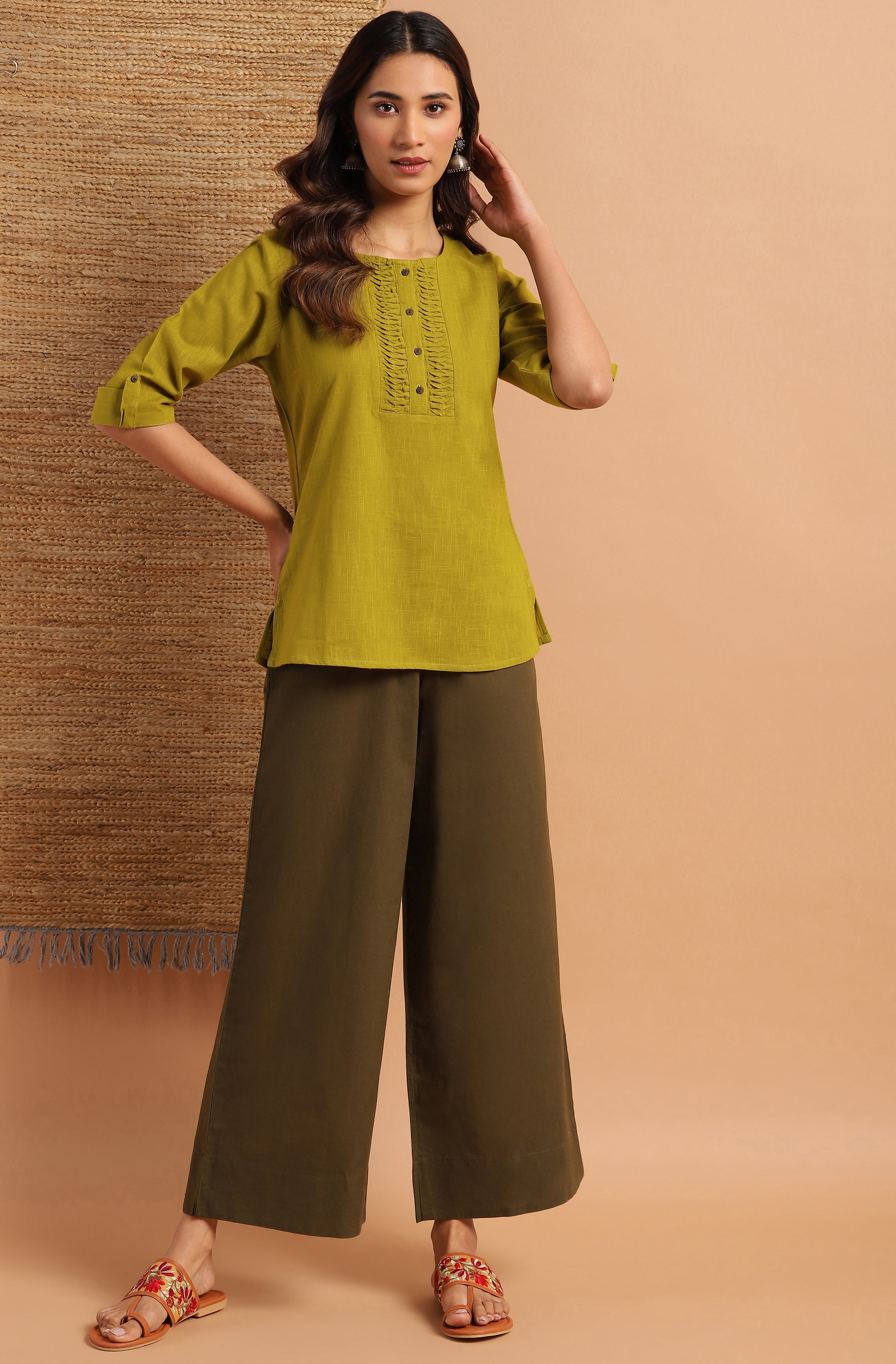 Janasya Women's Green Cotton Slub Solid Regular Top