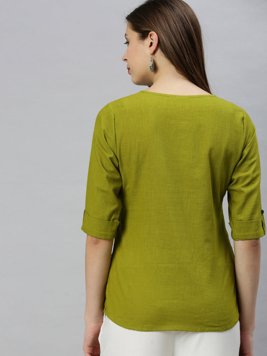 Janasya Women's Green Cotton Slub Solid Regular Top
