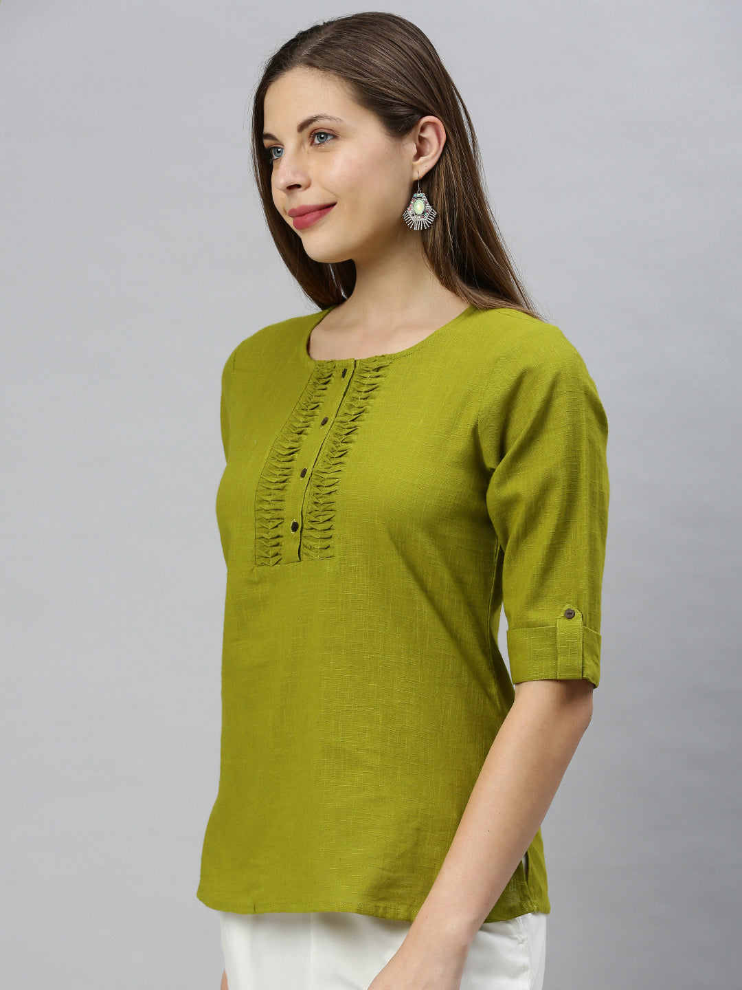 Janasya Women's Green Cotton Slub Solid Regular Top