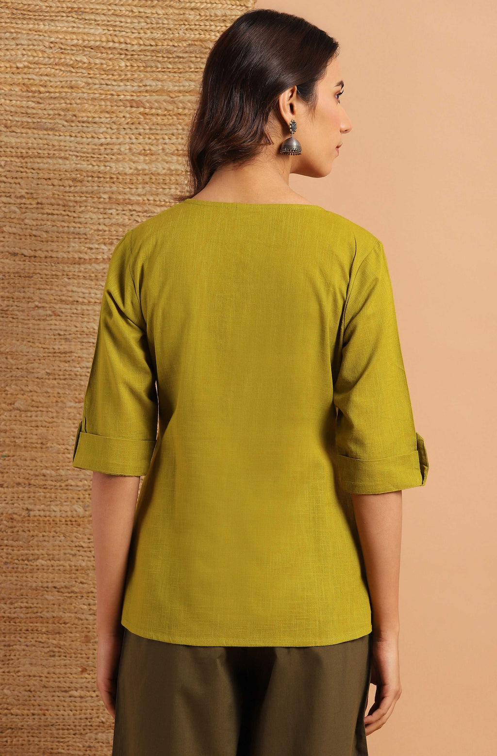 Janasya Women's Green Cotton Slub Solid Regular Top