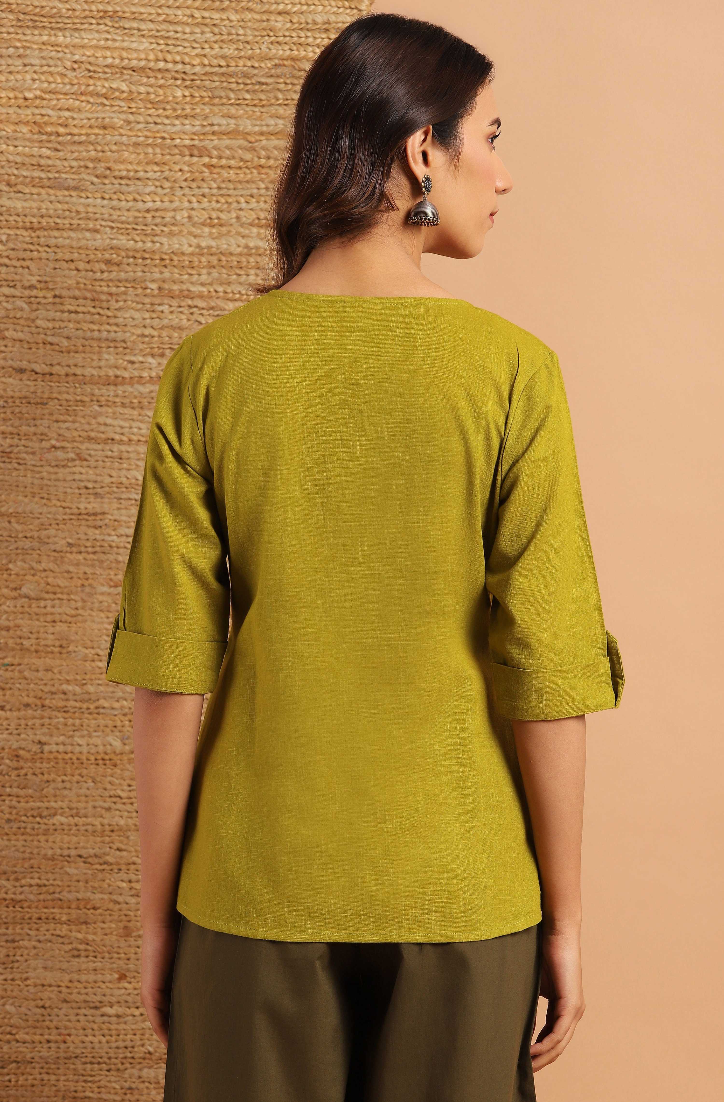 Janasya Women's Green Cotton Slub Solid Regular Top