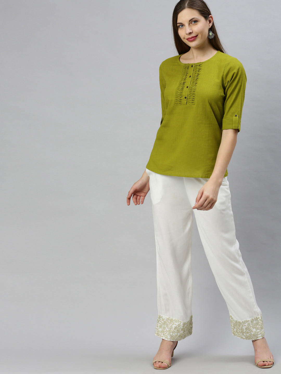 Janasya Women's Green Cotton Slub Solid Regular Top
