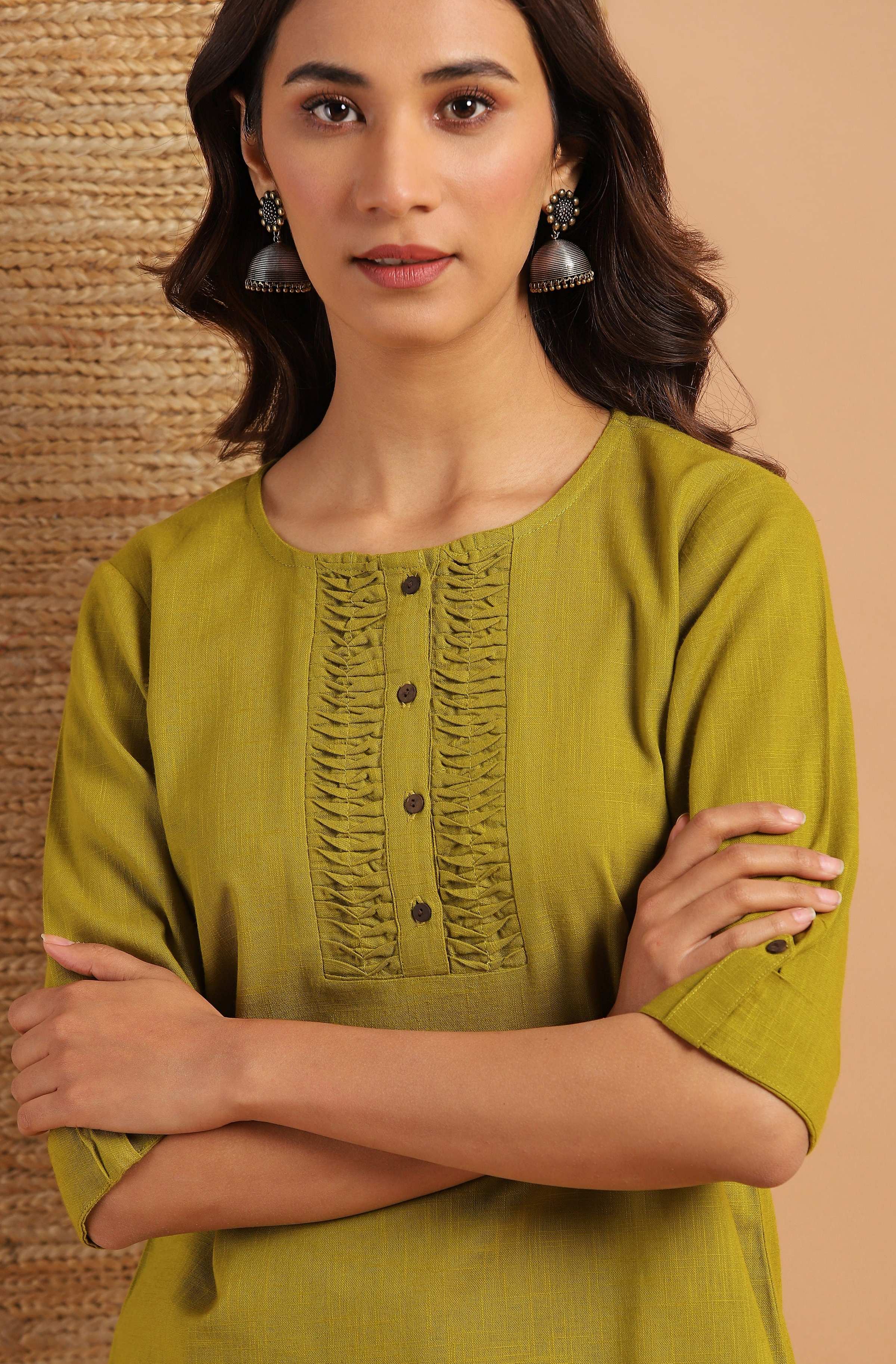 Janasya Women's Green Cotton Slub Solid Regular Top