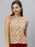 Janasya Women's Cream Cotton Floral Print Designer Back Top