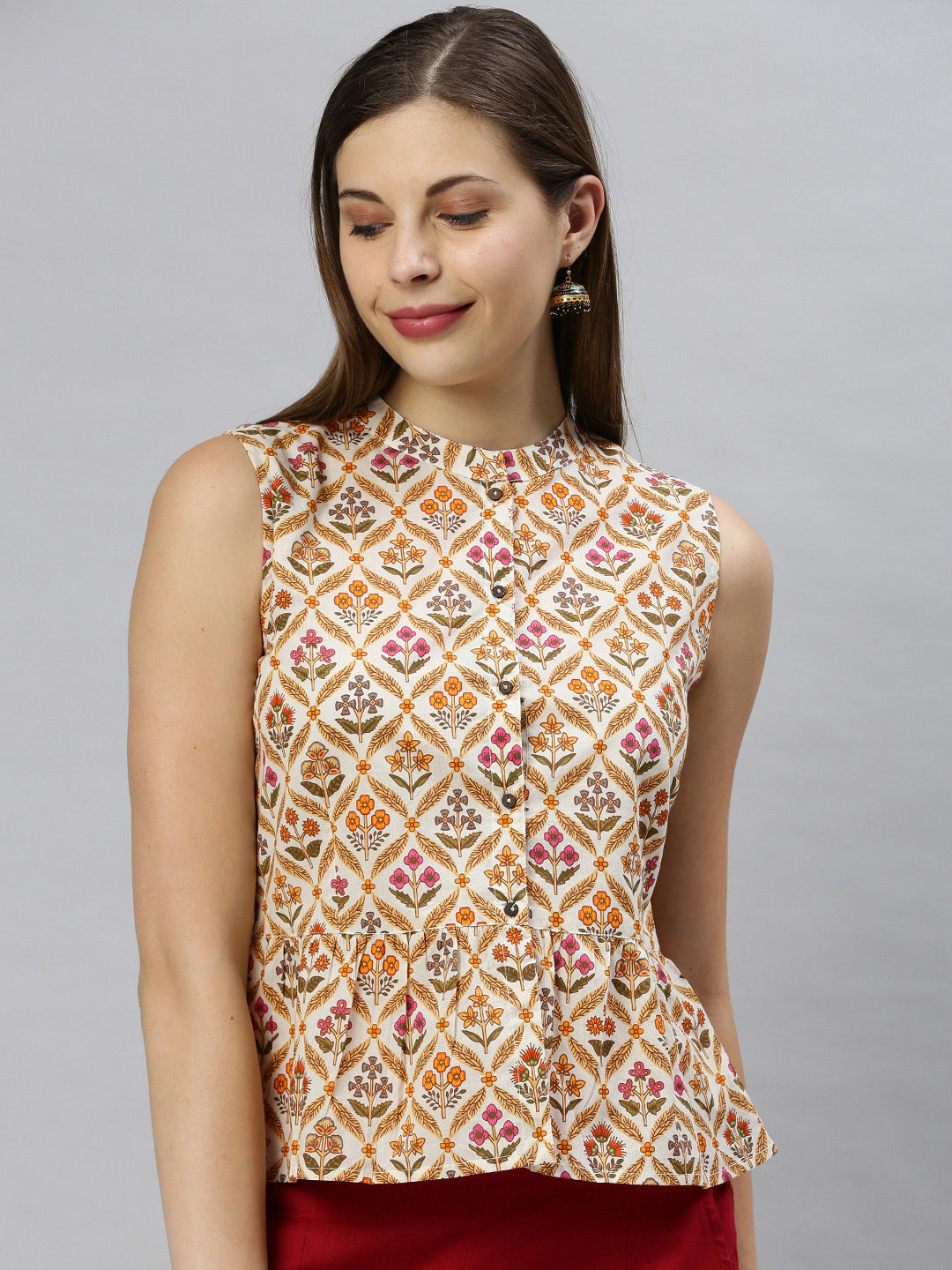 Janasya Women's Cream Cotton Floral Print Designer Back Top