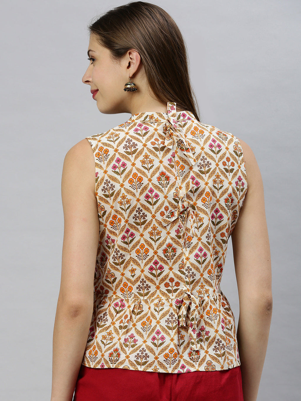 Janasya Women's Cream Cotton Floral Print Designer Back Top