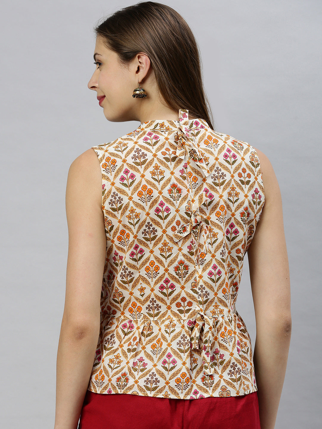 Janasya Women's Cream Cotton Floral Print Designer Back Top