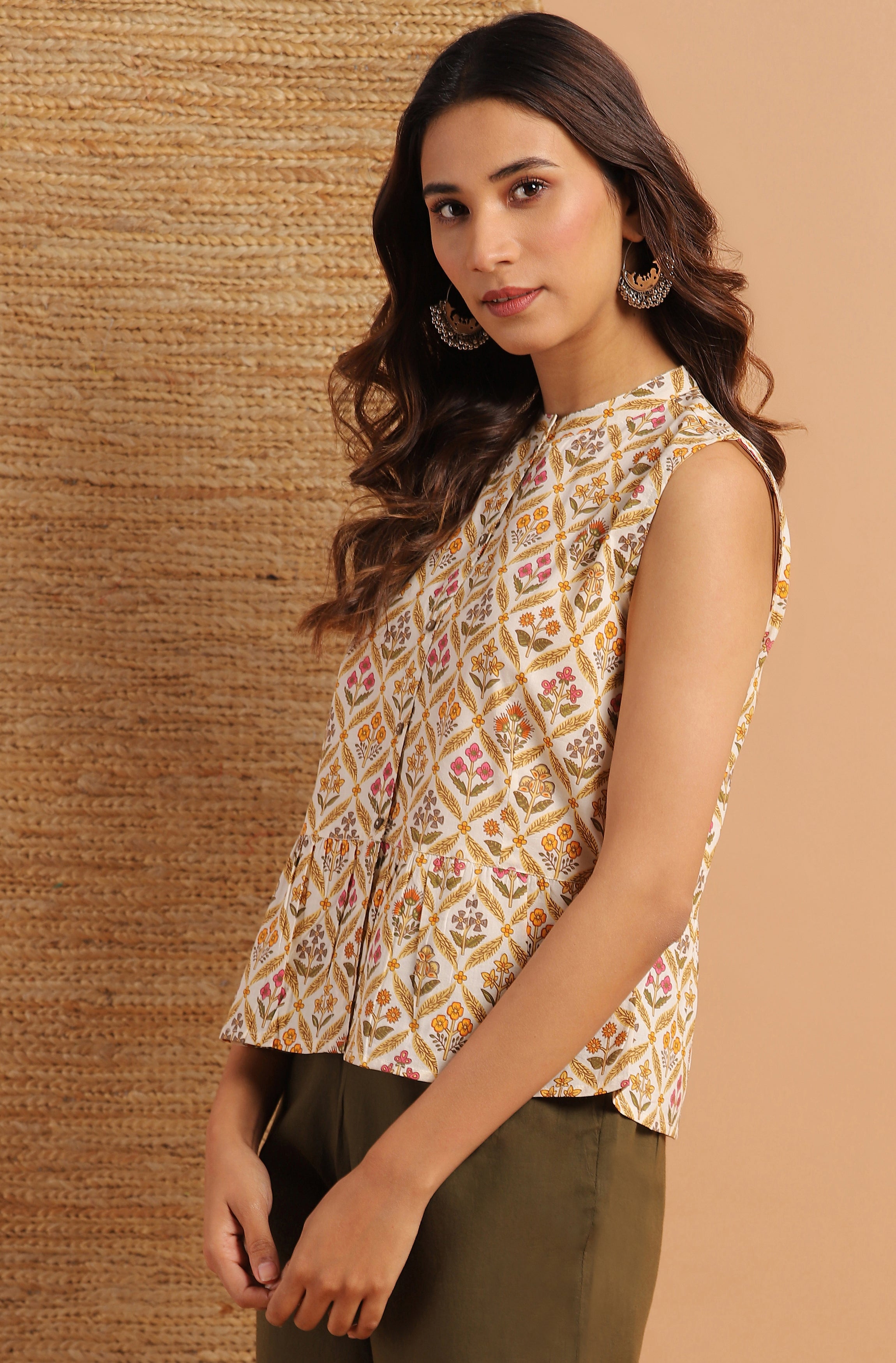 Janasya Women's Cream Cotton Floral Print Designer Back Top
