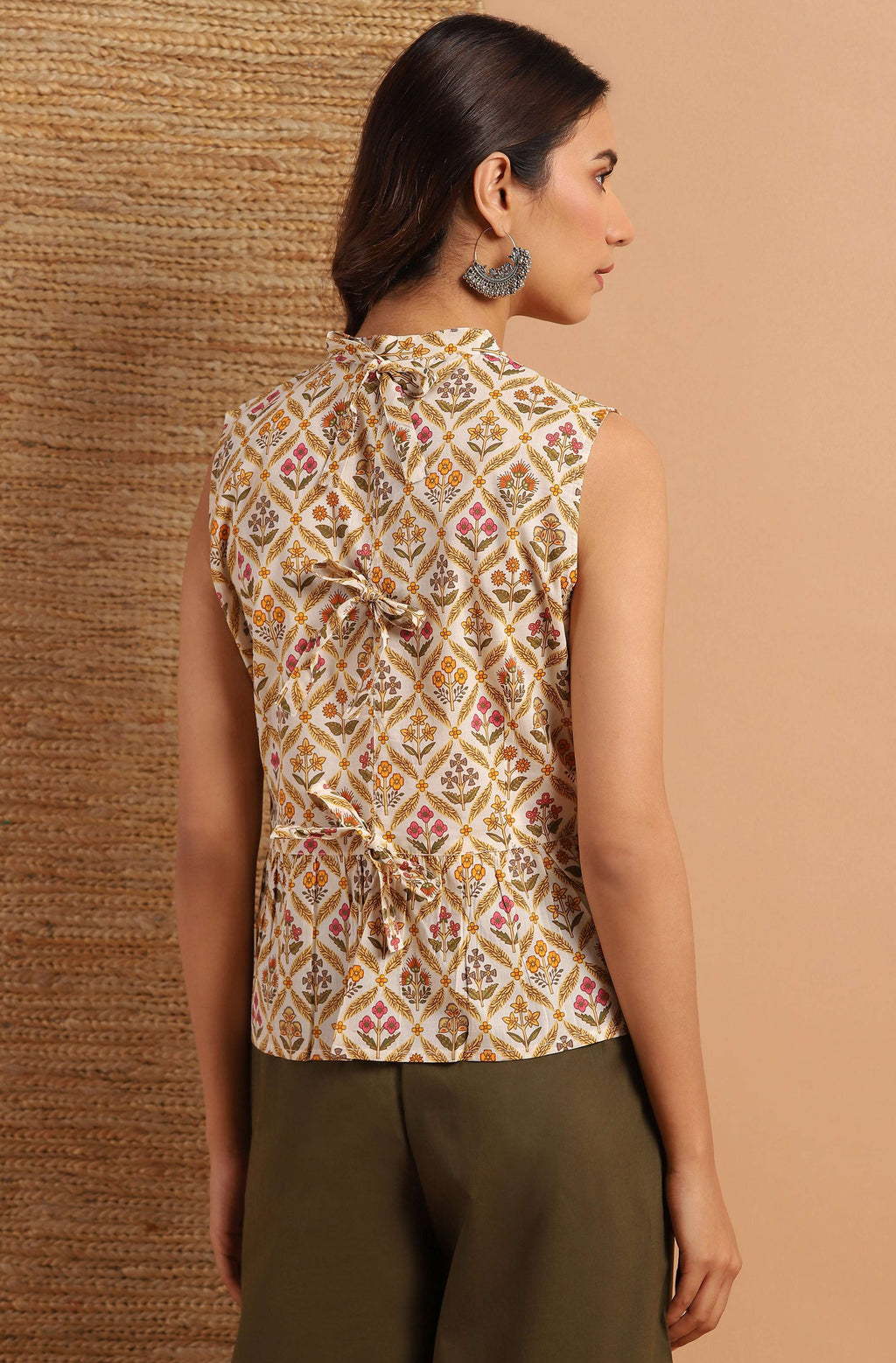 Janasya Women's Cream Cotton Floral Print Designer Back Top