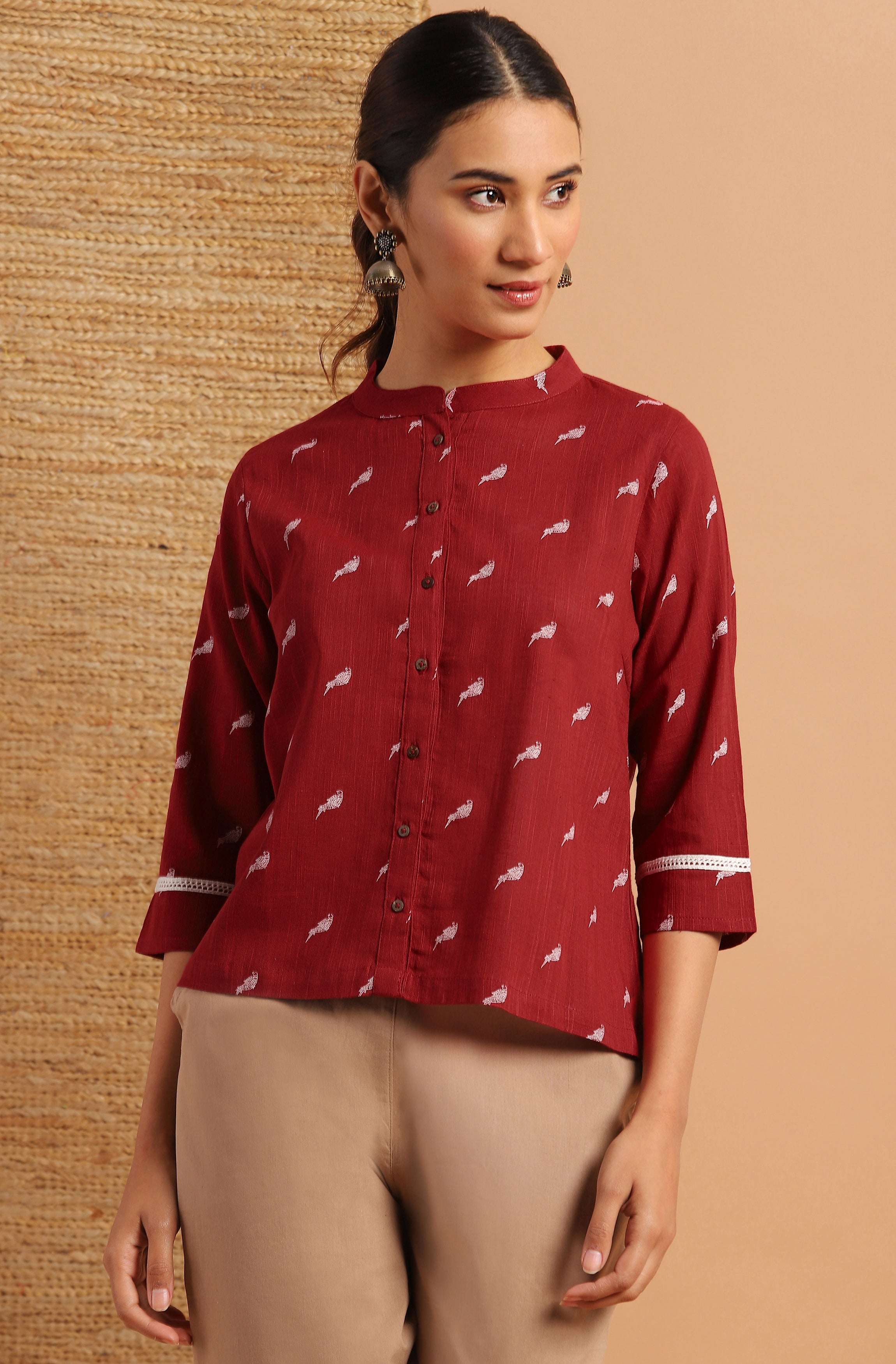 Janasya Women's Maroon Cotton Slub Animal Print Shirt Style Top