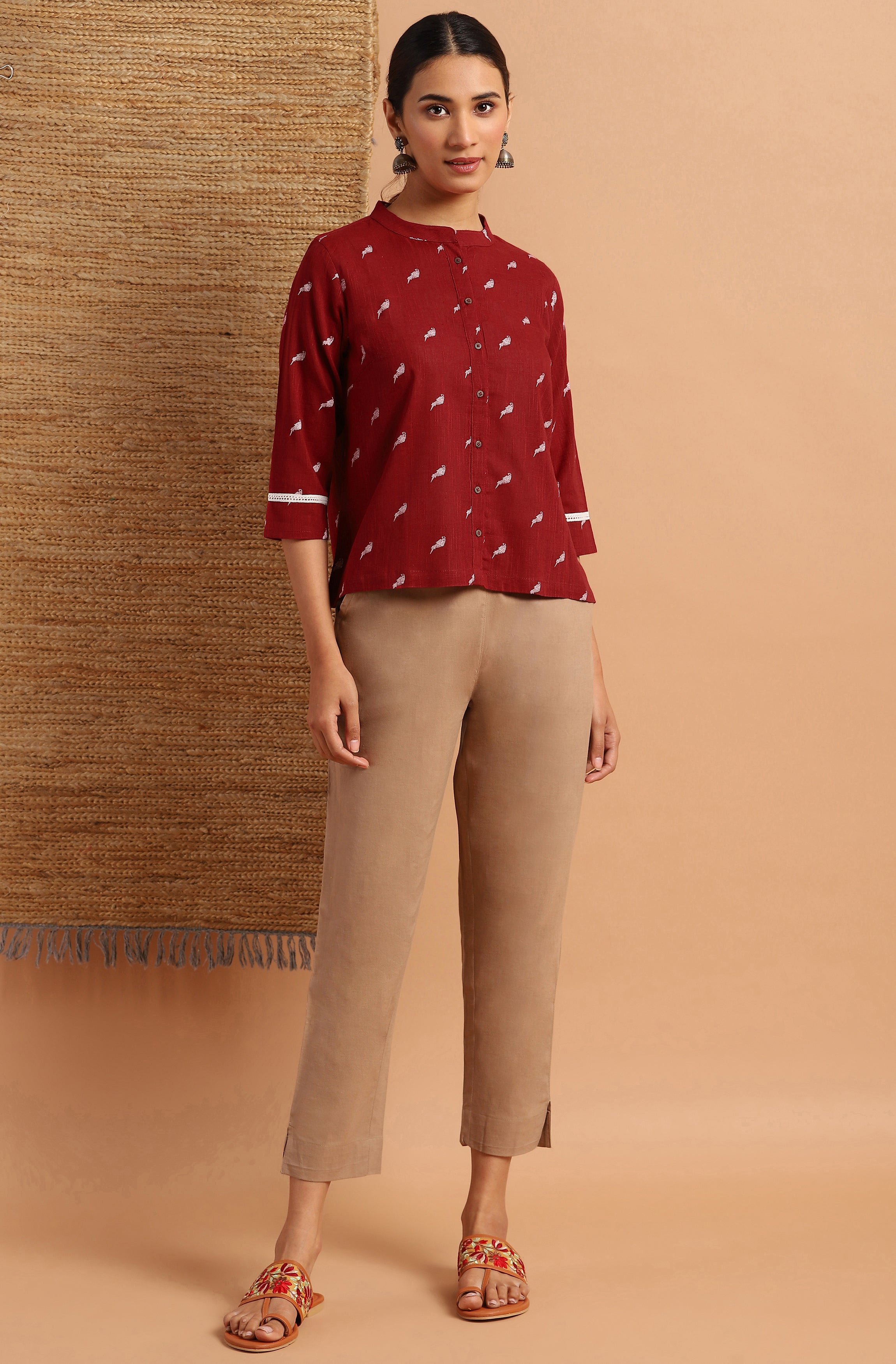 Janasya Women's Maroon Cotton Slub Animal Print Shirt Style Top