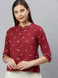 Janasya Women's Maroon Cotton Slub Animal Print Shirt Style Top