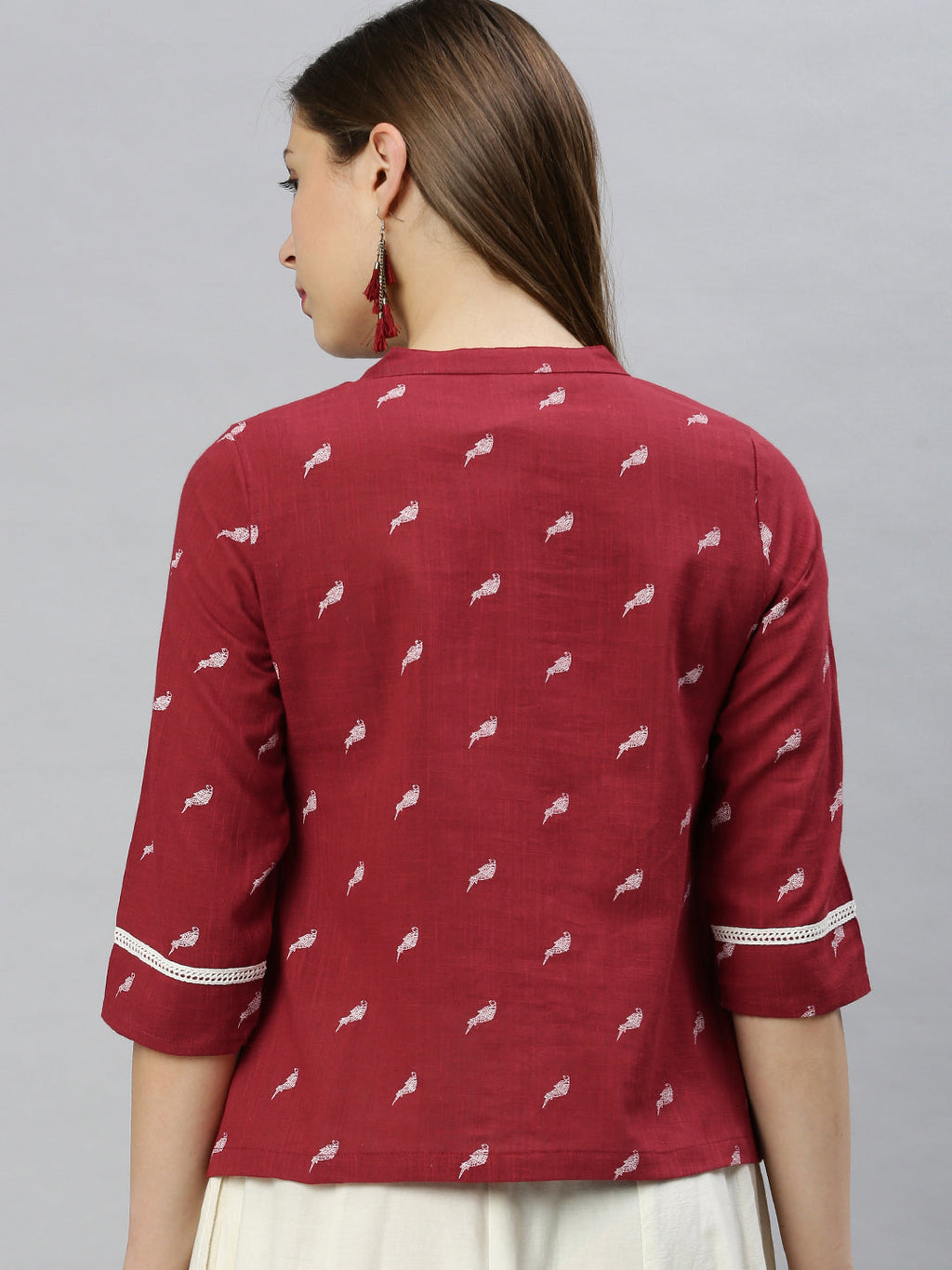 Janasya Women's Maroon Cotton Slub Animal Print Shirt Style Top