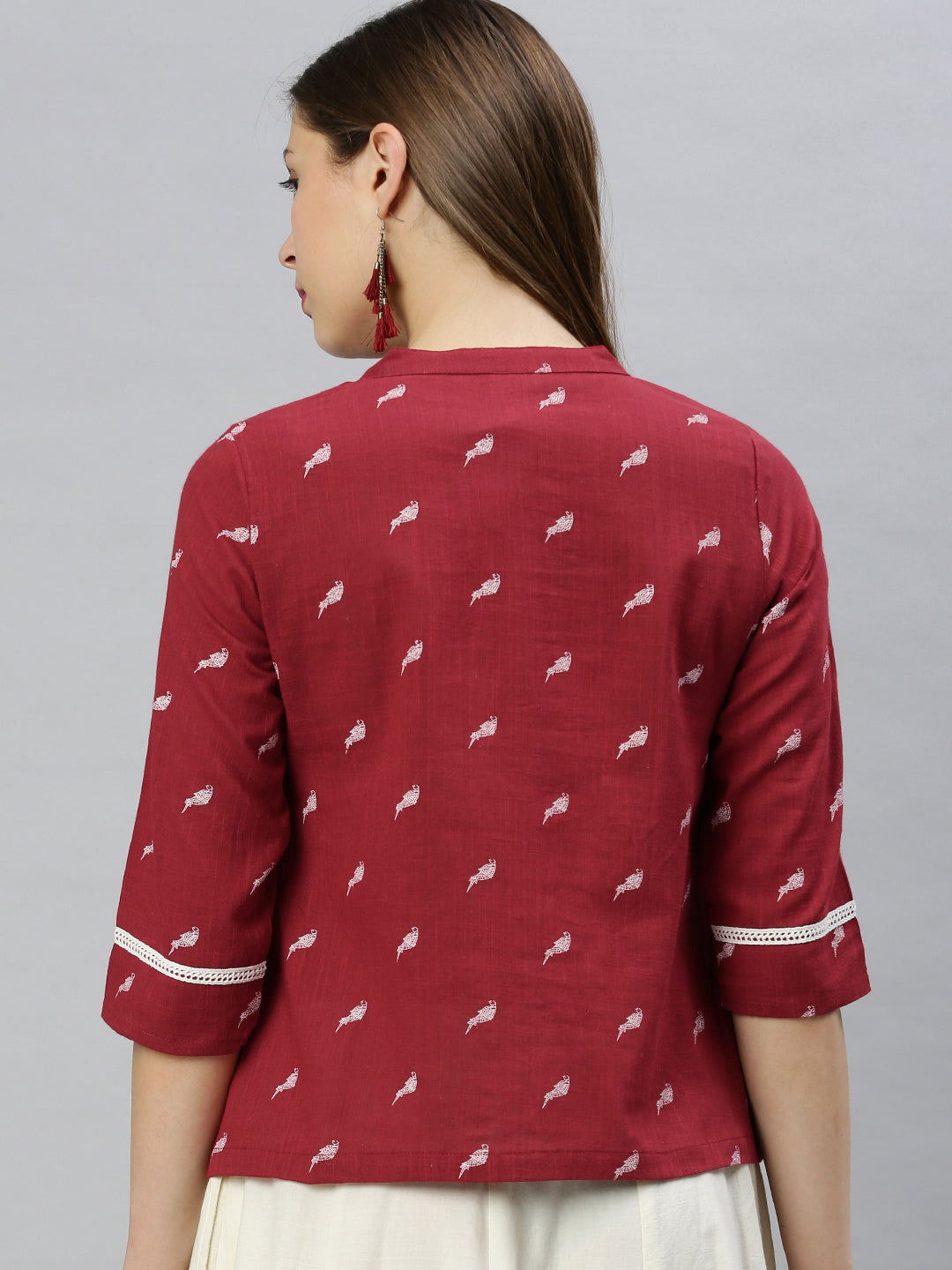Janasya Women's Maroon Cotton Slub Animal Print Shirt Style Top