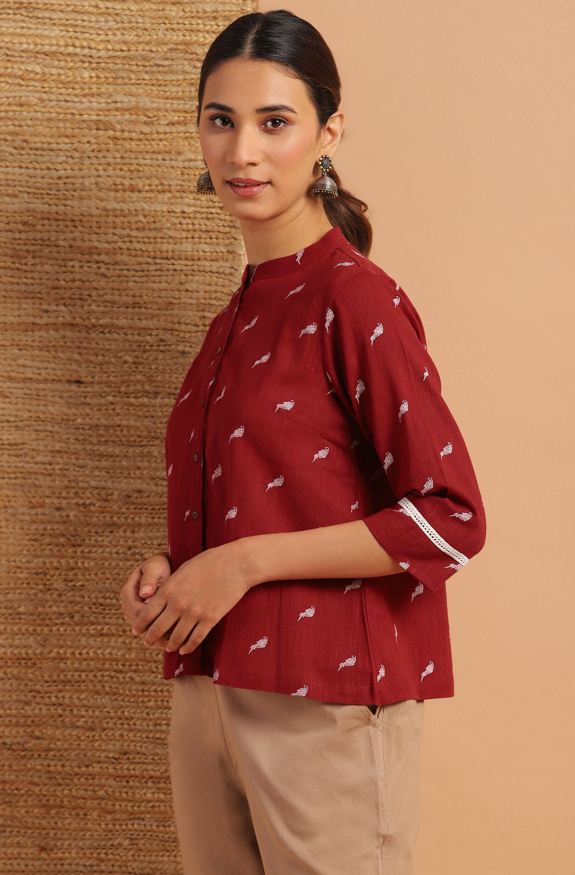 Janasya Women's Maroon Cotton Slub Animal Print Shirt Style Top