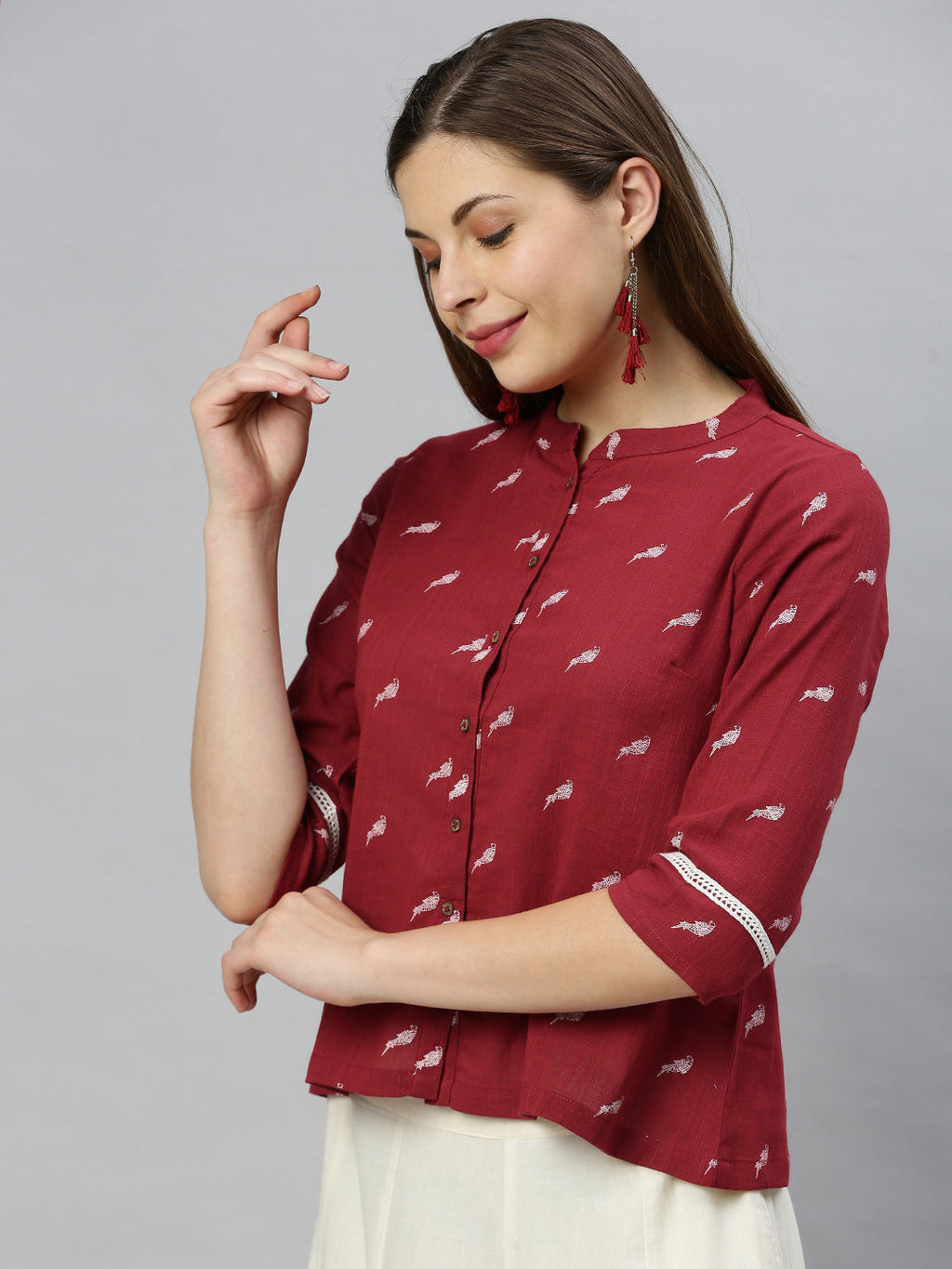 Janasya Women's Maroon Cotton Slub Animal Print Shirt Style Top
