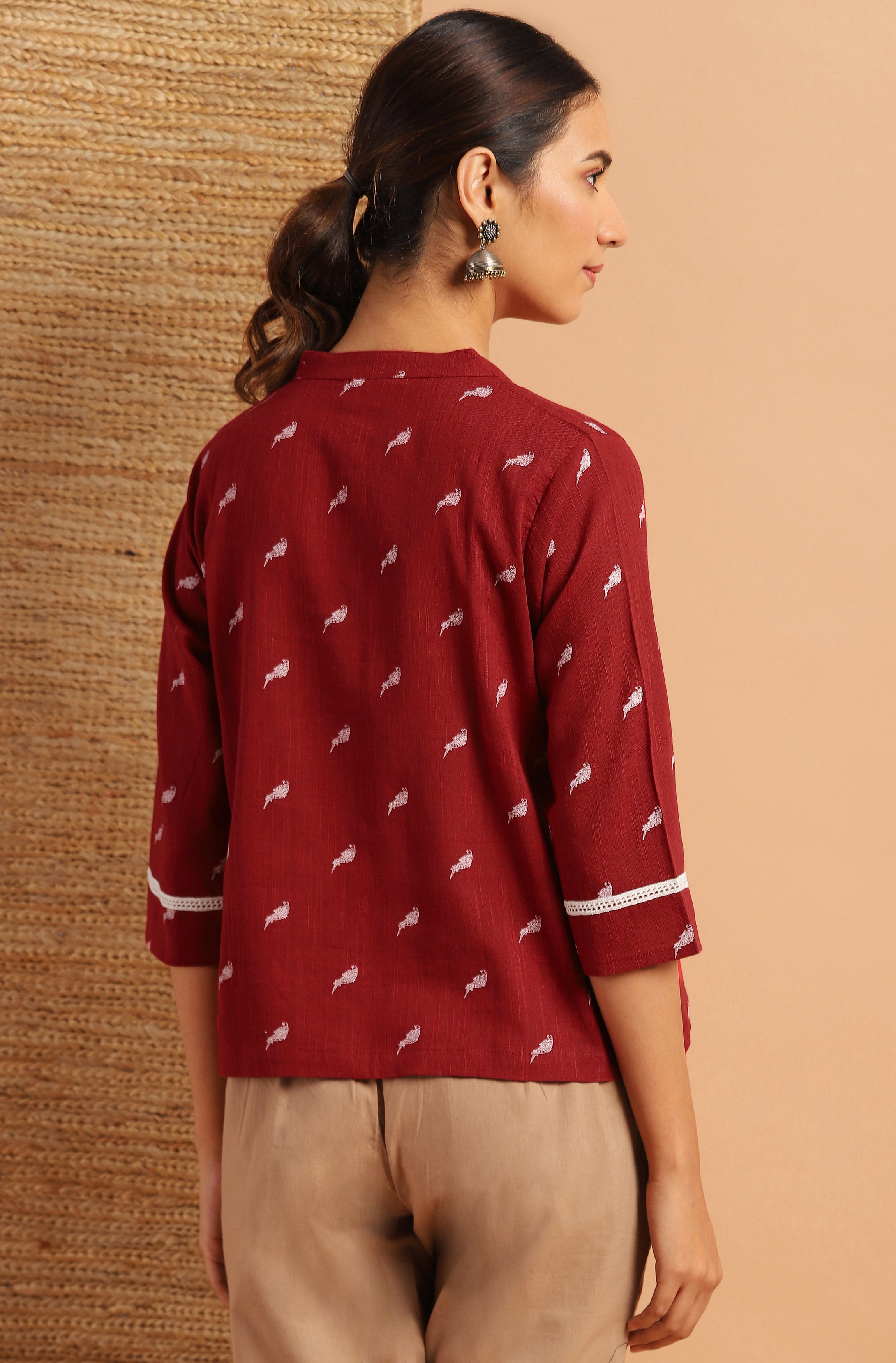 Janasya Women's Maroon Cotton Slub Animal Print Shirt Style Top