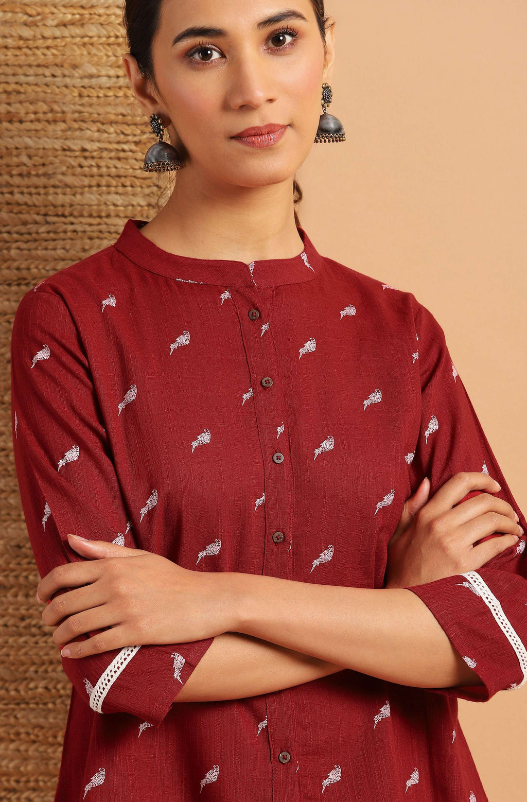 Janasya Women's Maroon Cotton Slub Animal Print Shirt Style Top