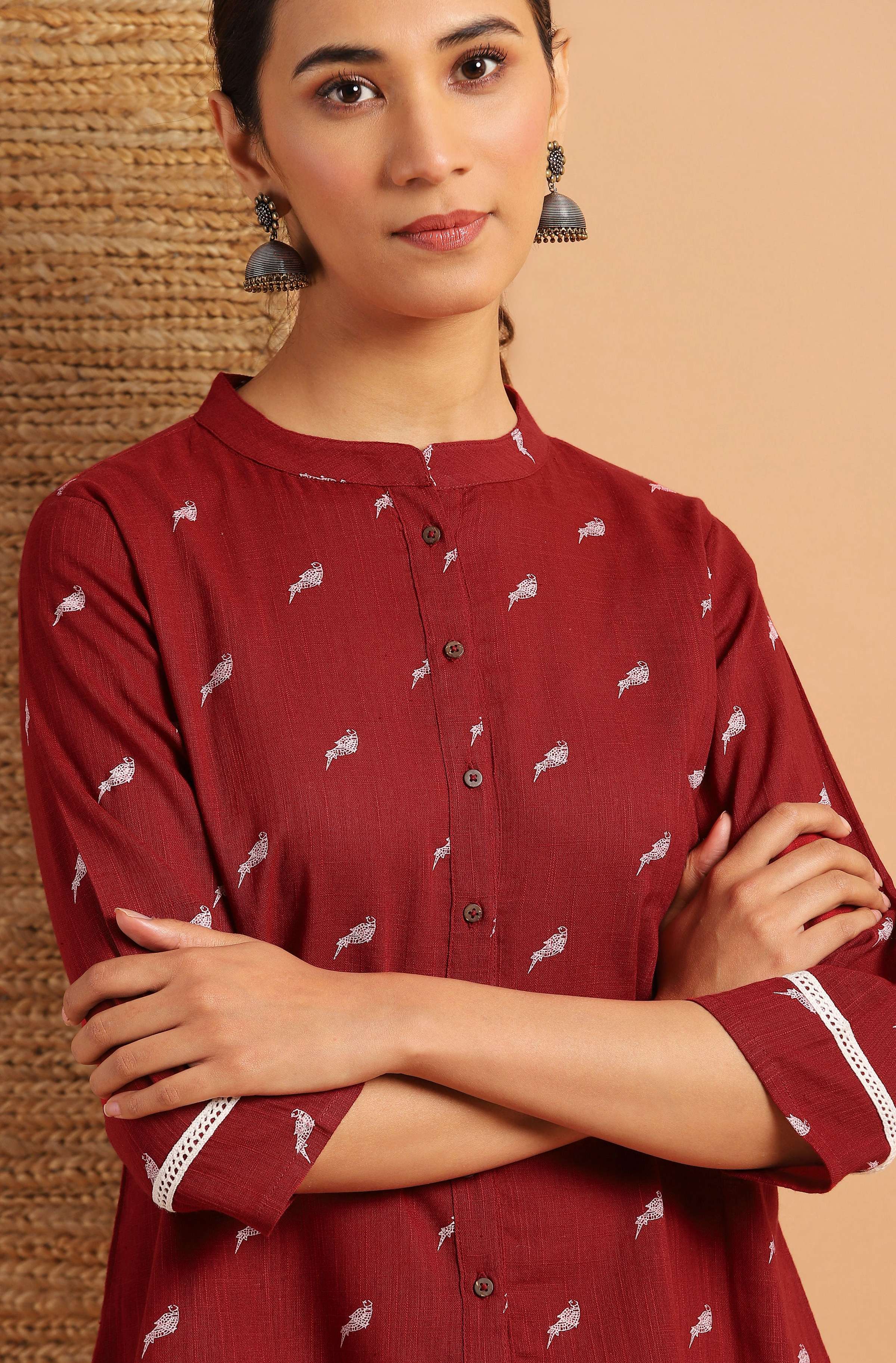 Janasya Women's Maroon Cotton Slub Animal Print Shirt Style Top