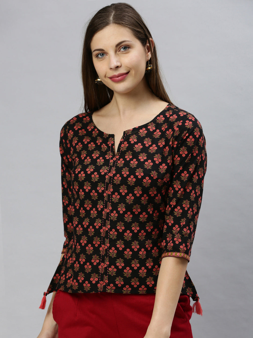 Janasya Women's Black Cotton Floral Print Regular Top