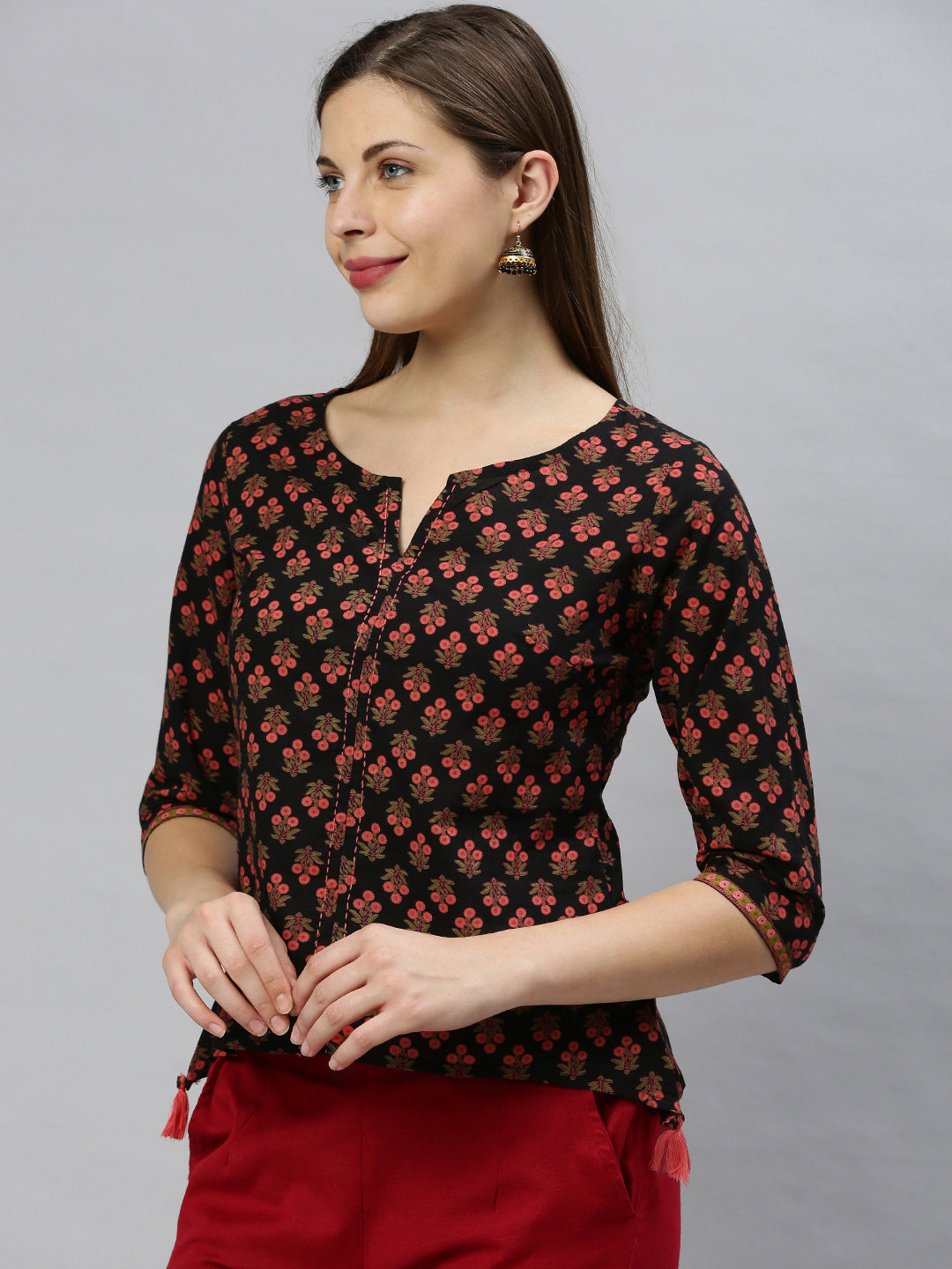 Janasya Women's Black Cotton Floral Print Regular Top