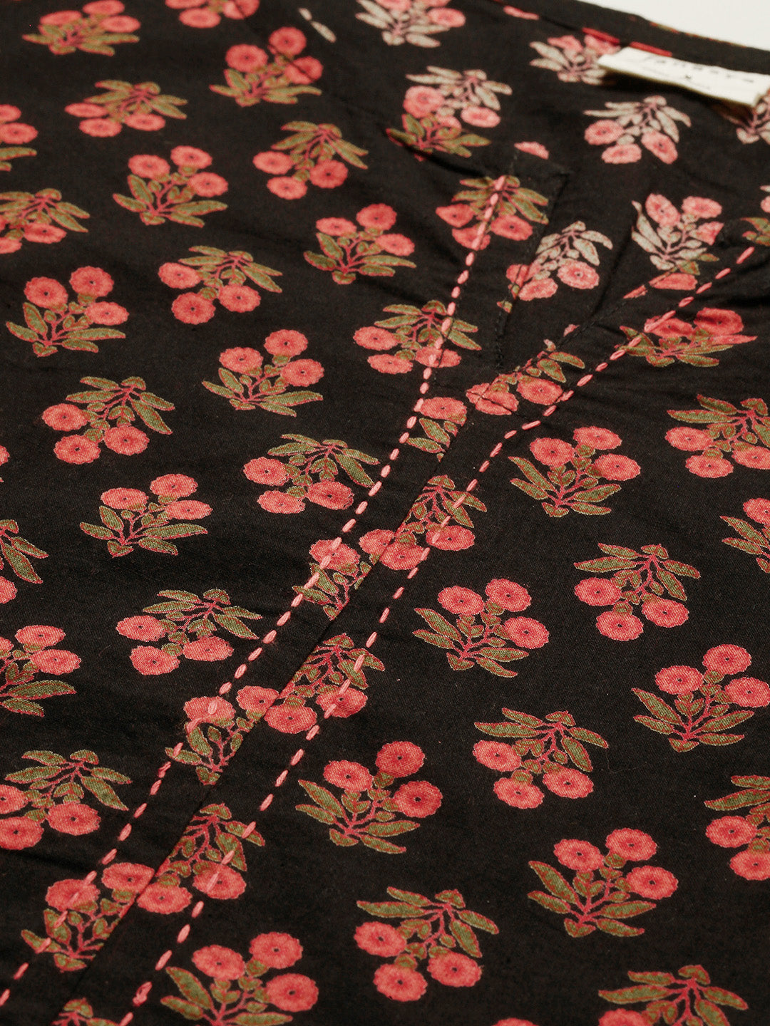 Janasya Women's Black Cotton Floral Print Regular Top