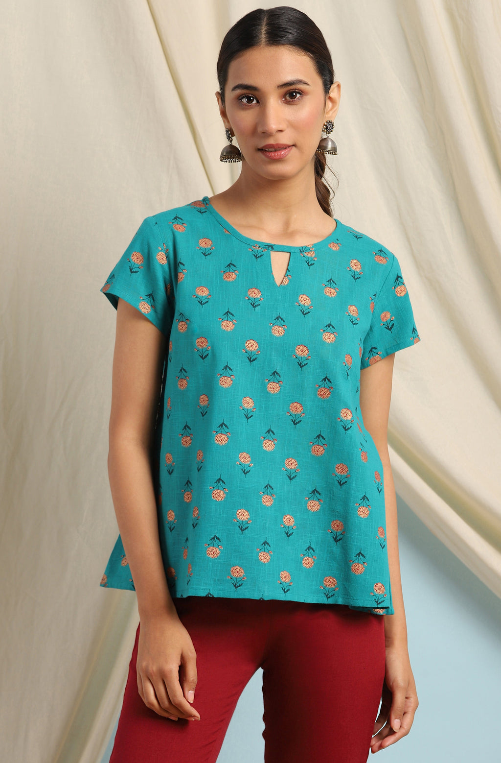 Janasya Women's Teal Cotton Slub Floral Print Regular Top