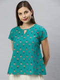 Janasya Women's Teal Cotton Slub Floral Print Regular Top