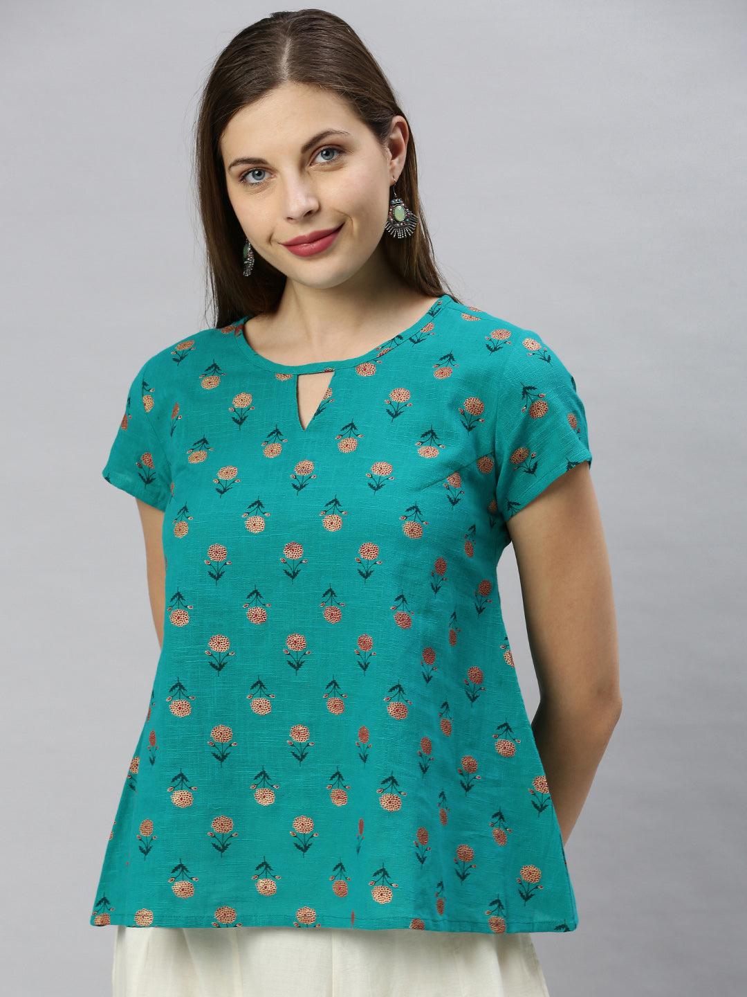 Janasya Women's Teal Cotton Slub Floral Print Regular Top