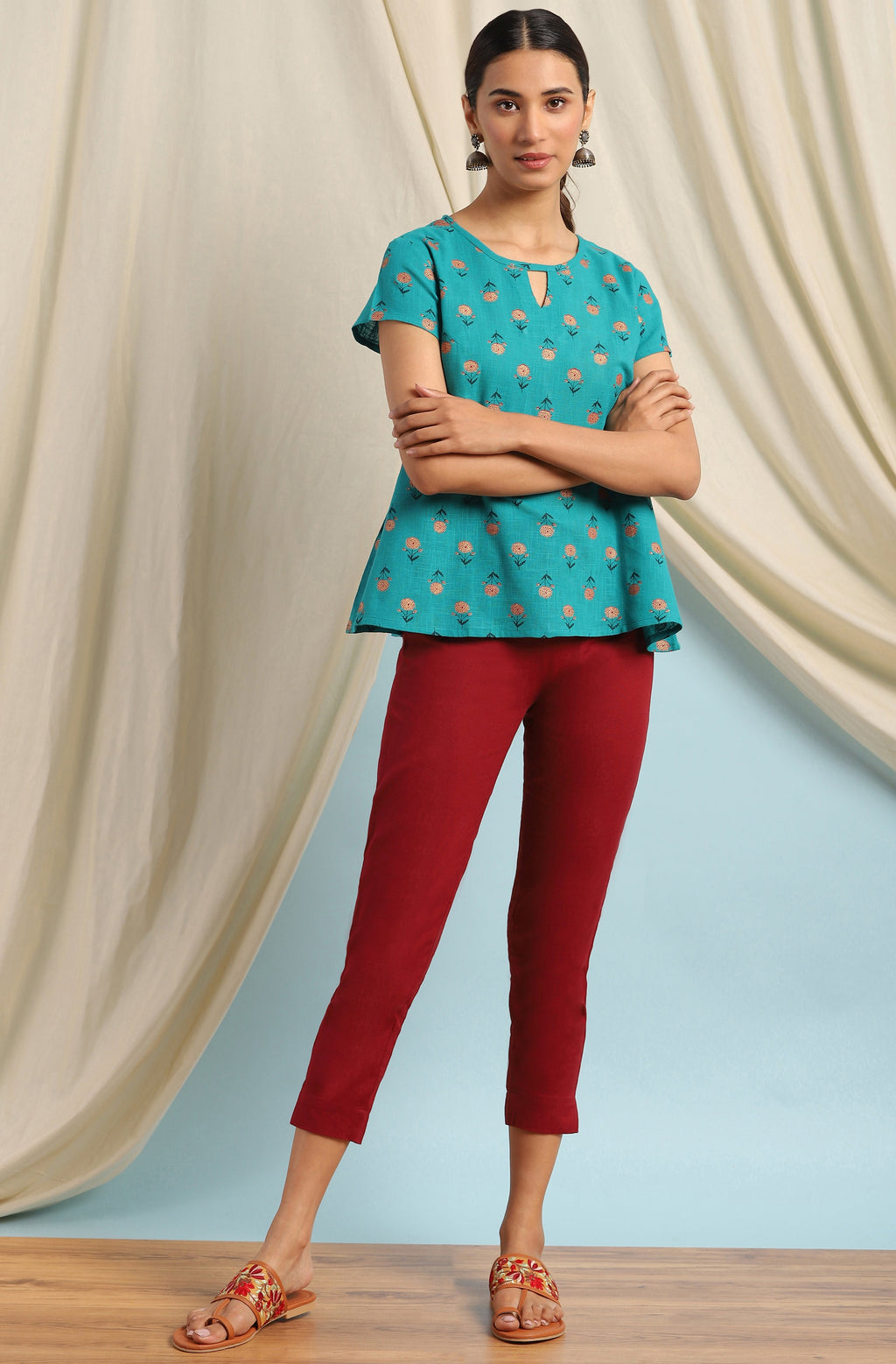 Janasya Women's Teal Cotton Slub Floral Print Regular Top