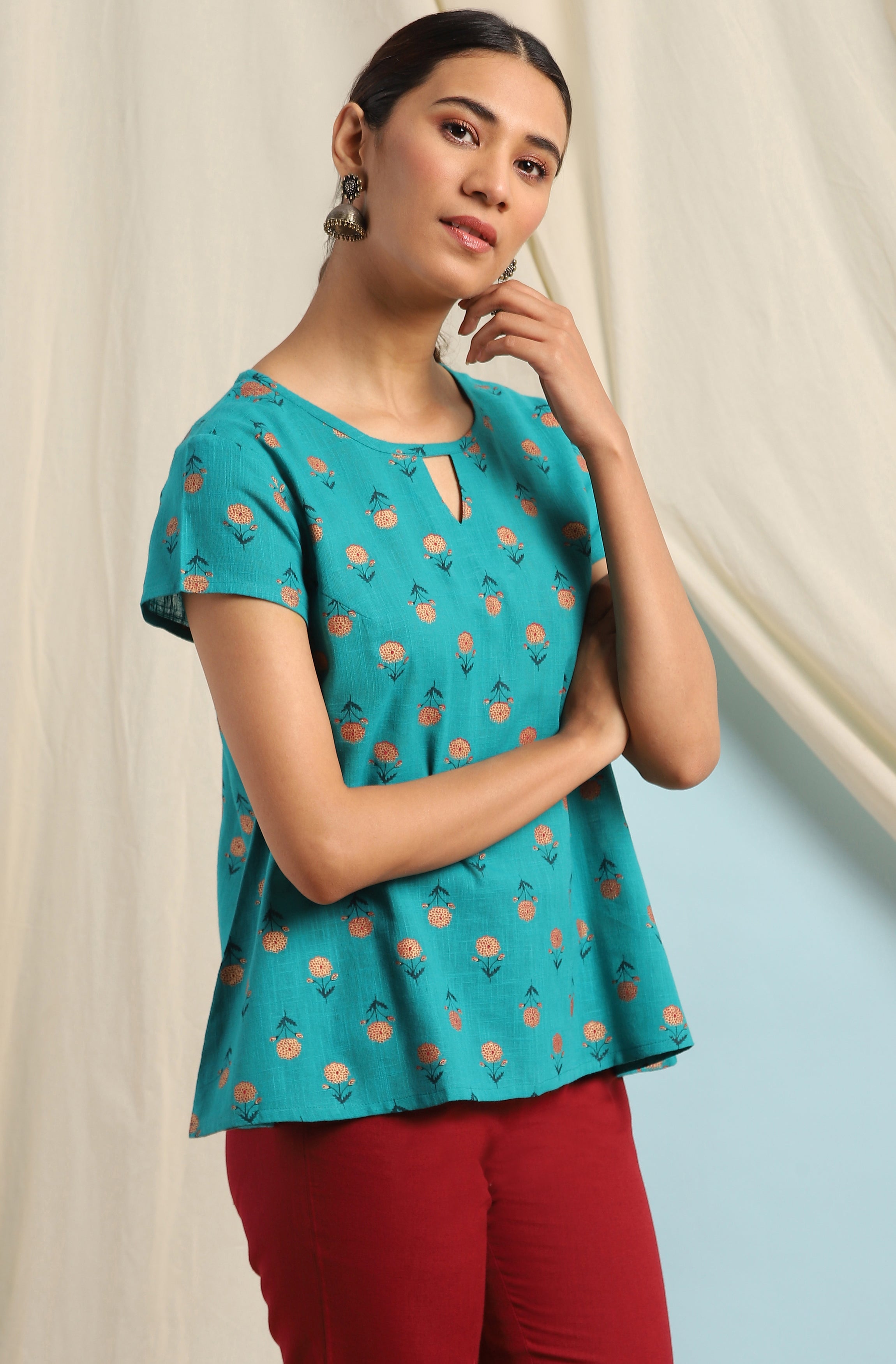 Janasya Women's Teal Cotton Slub Floral Print Regular Top
