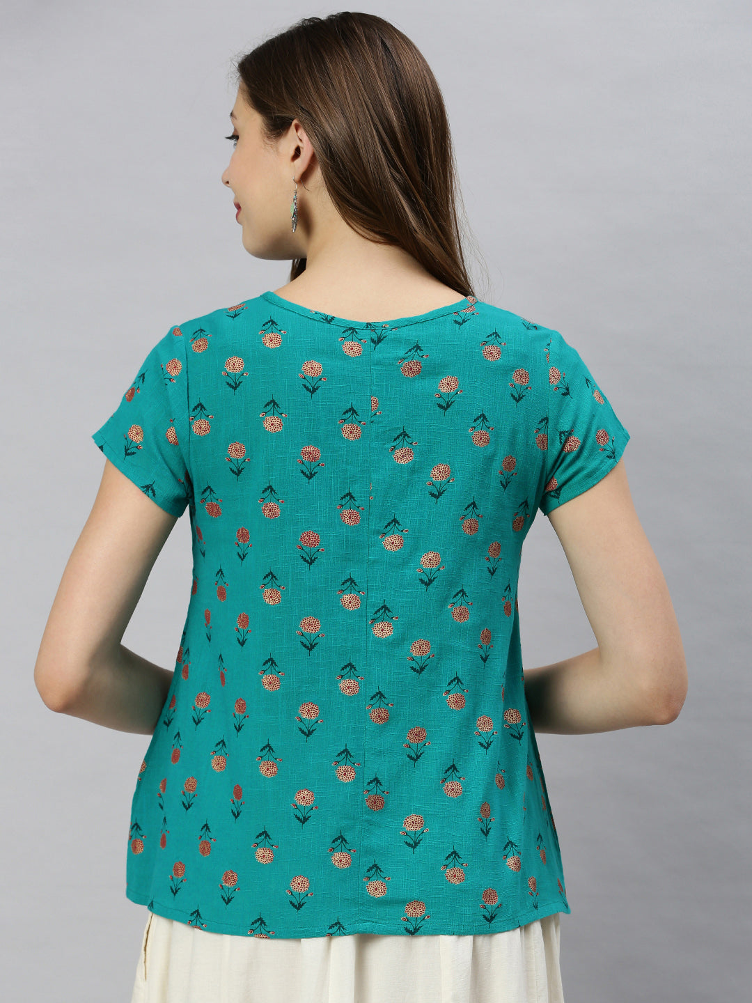 Janasya Women's Teal Cotton Slub Floral Print Regular Top