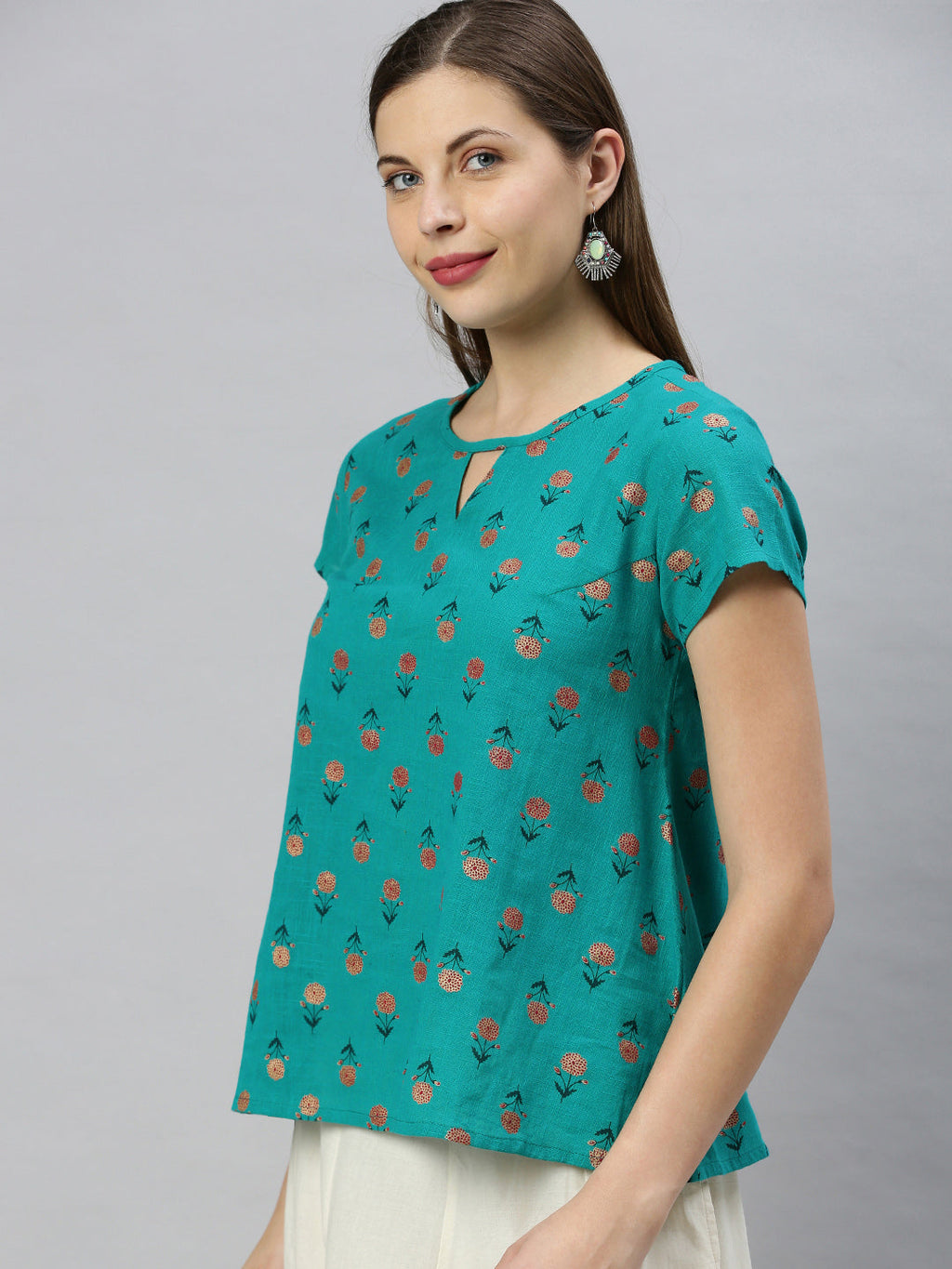 Janasya Women's Teal Cotton Slub Floral Print Regular Top