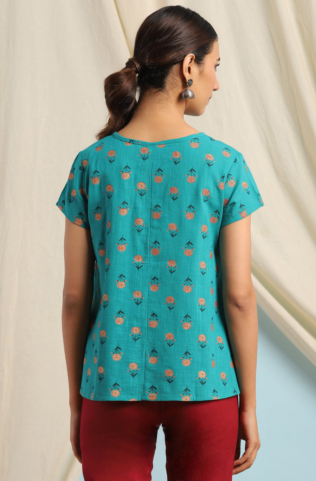 Janasya Women's Teal Cotton Slub Floral Print Regular Top