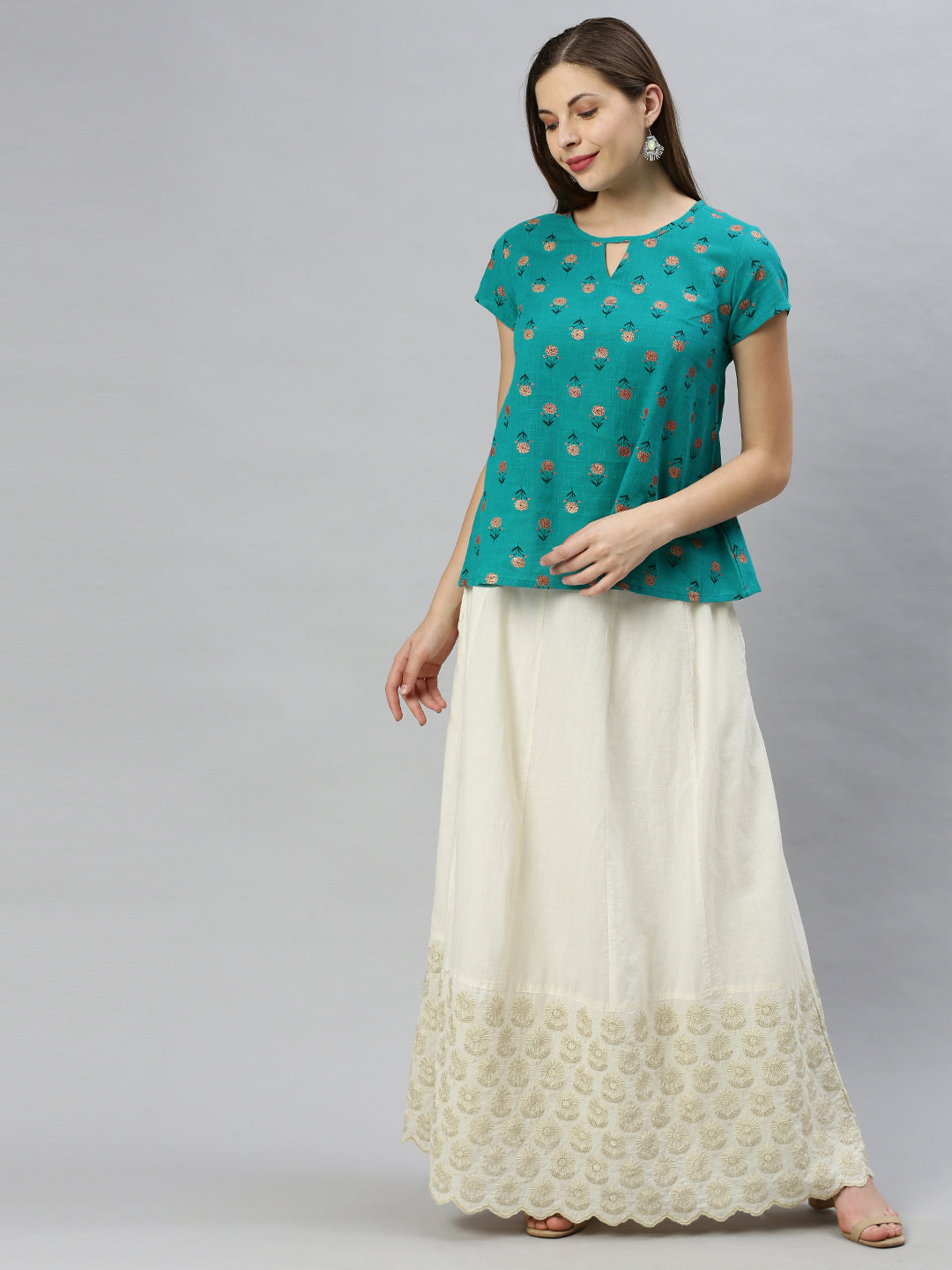 Janasya Women's Teal Cotton Slub Floral Print Regular Top