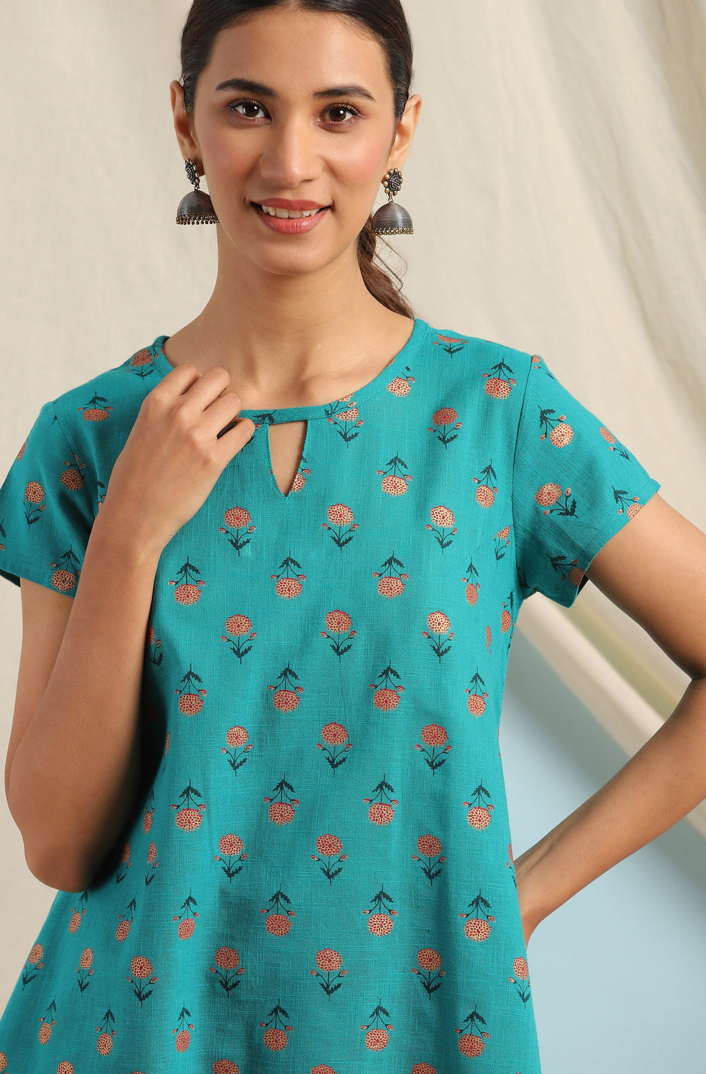Janasya Women's Teal Cotton Slub Floral Print Regular Top