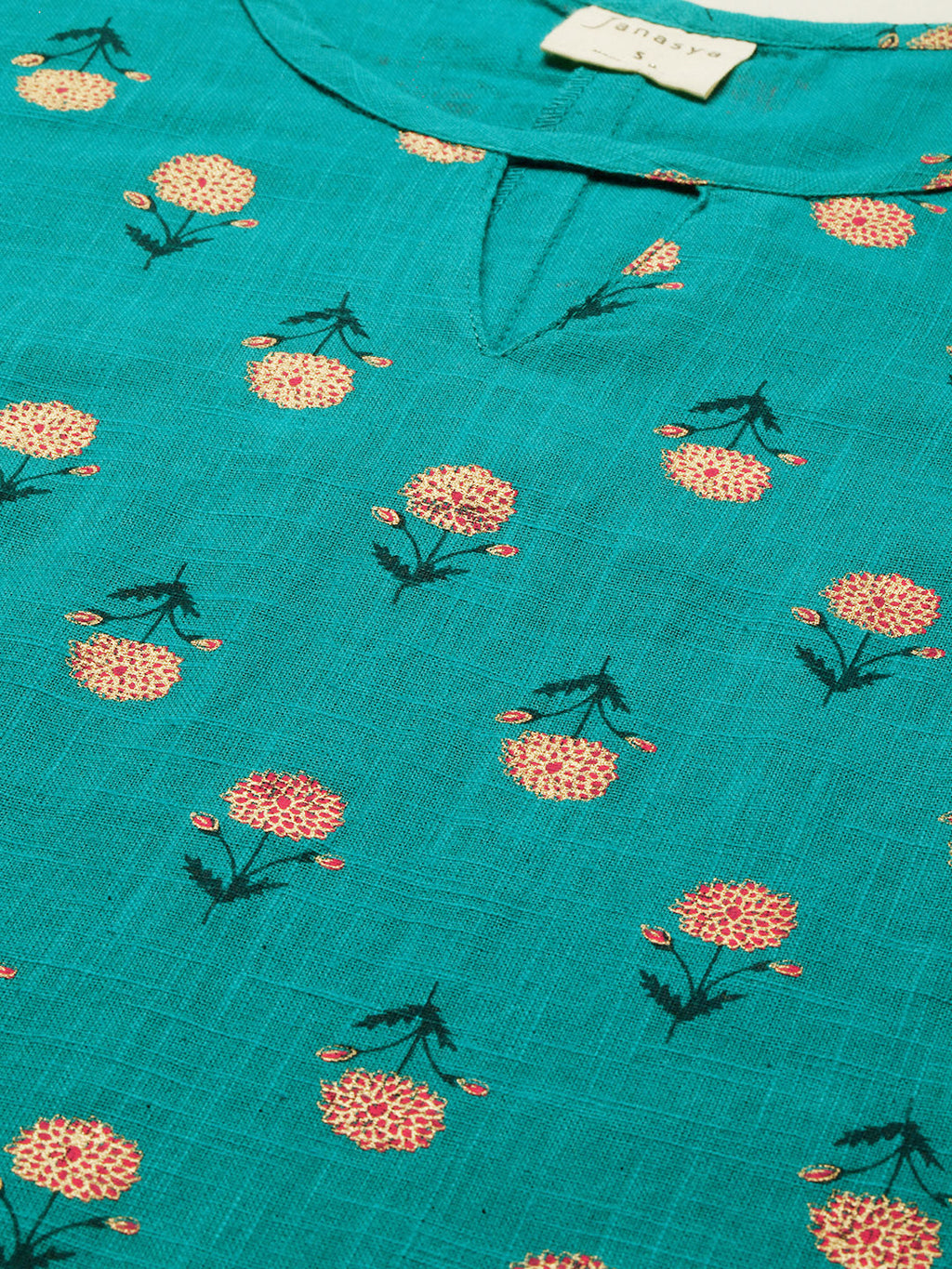 Janasya Women's Teal Cotton Slub Floral Print Regular Top