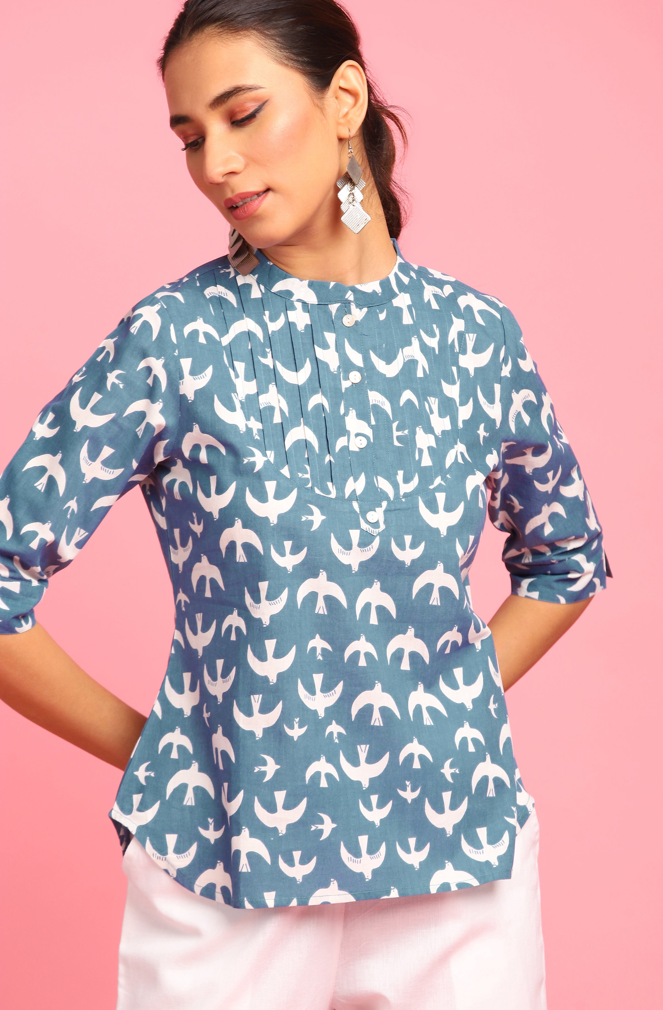 Janasya Women's Blue Cotton Animal Print Regular Top