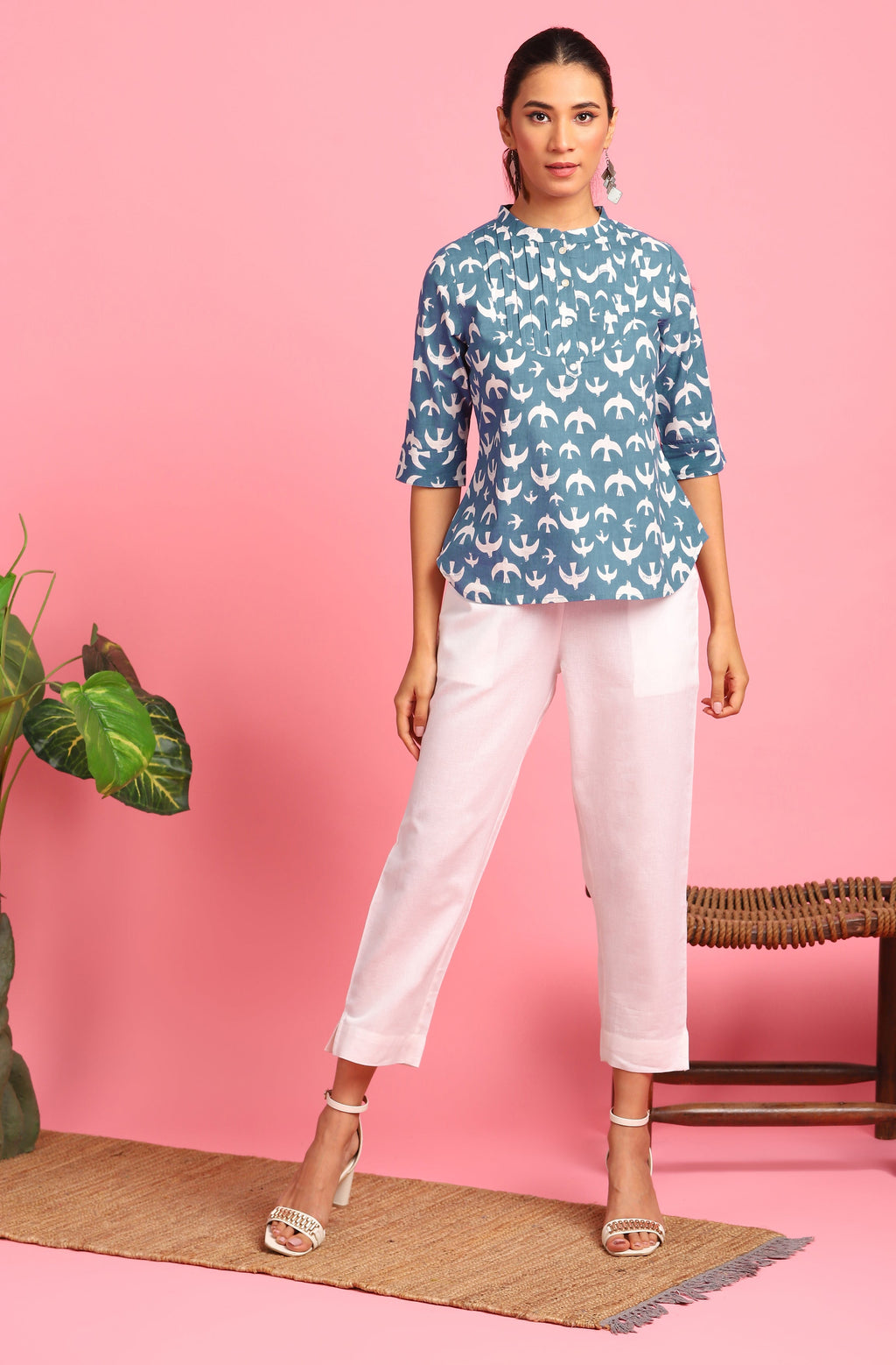 Janasya Women's Blue Cotton Animal Print Regular Top