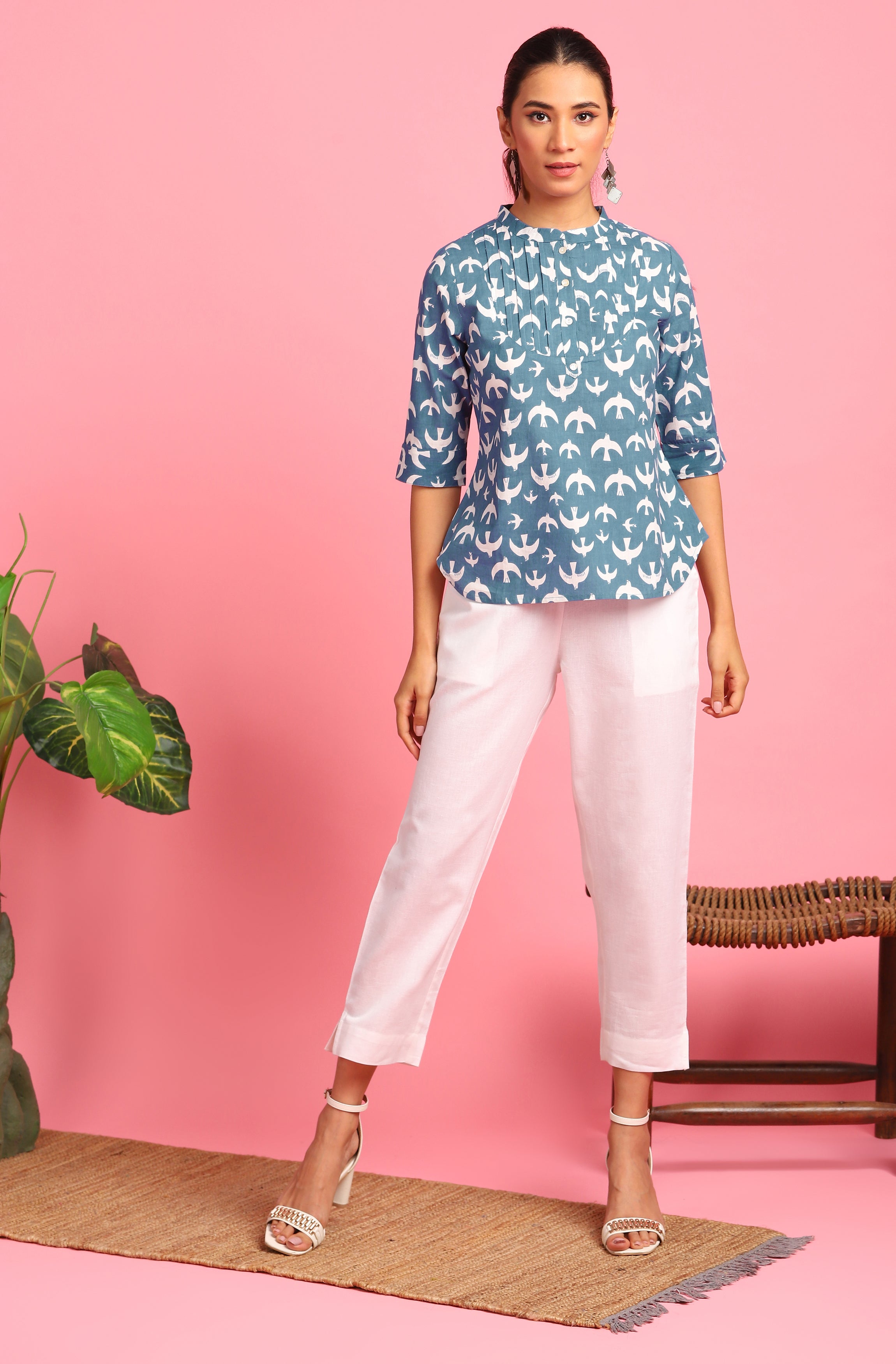 Janasya Women's Blue Cotton Animal Print Regular Top