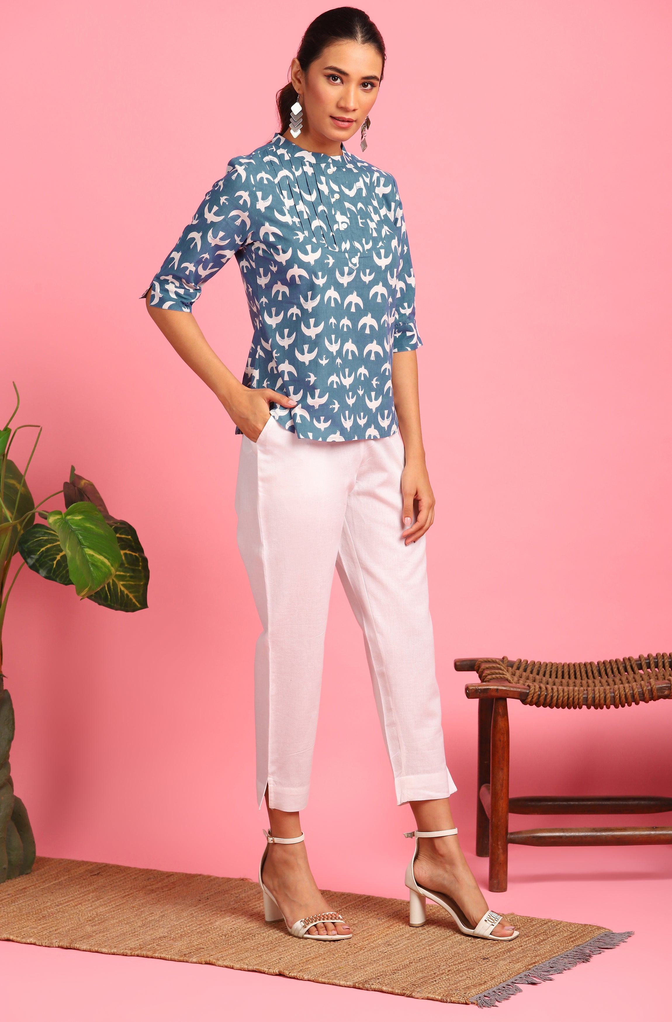 Janasya Women's Blue Cotton Animal Print Regular Top